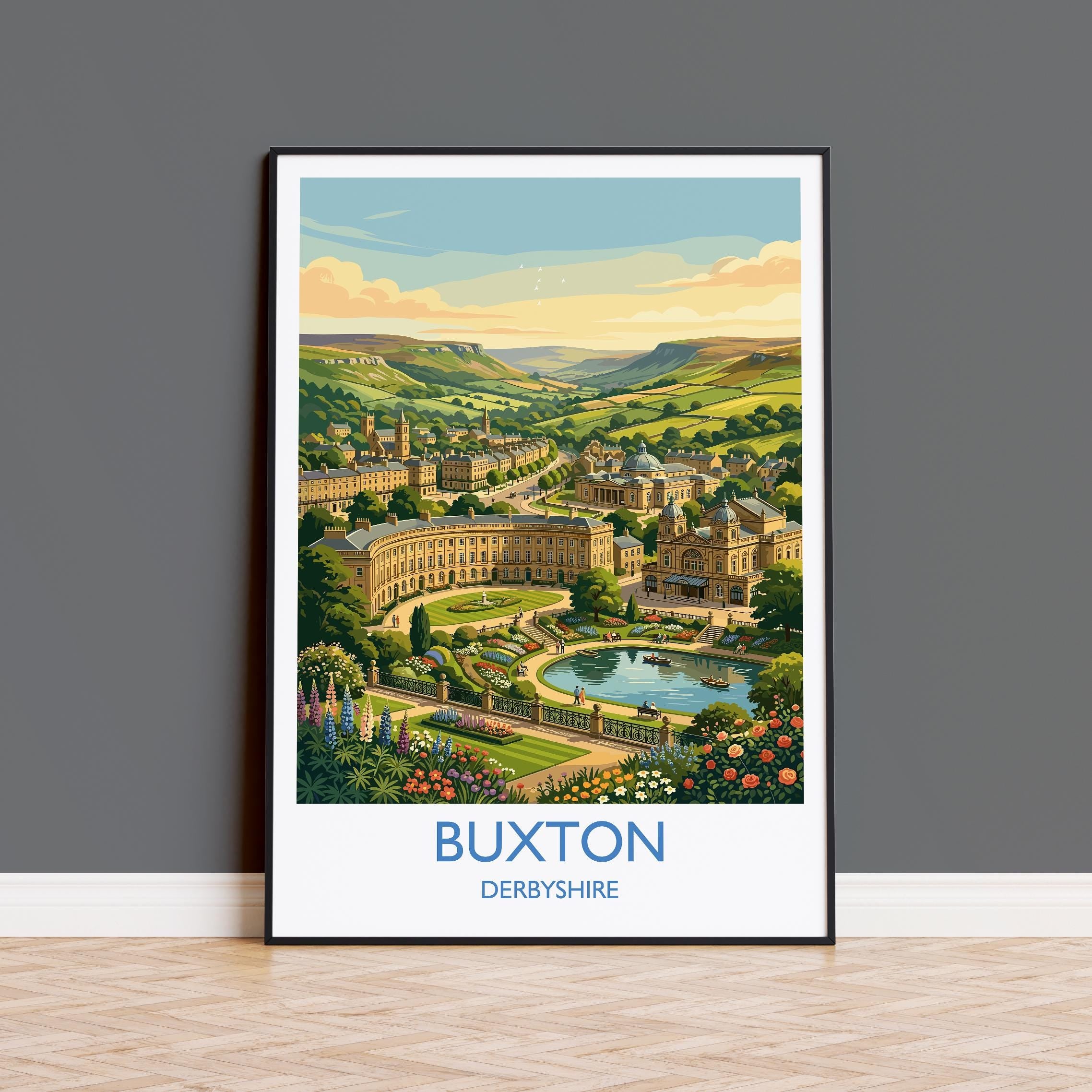 Buxton Derbyshire Travel Poster, Peak District Wall Art, Buxton Crescent & Opera House Print, Historic Spa Town Art, Vintage Style UK Decor