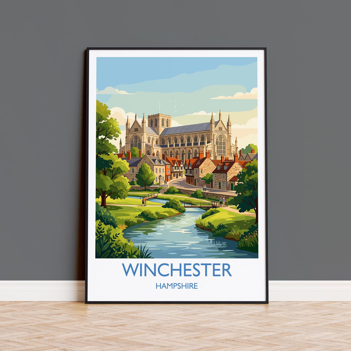 Winchester Hampshire Travel Poster, Winchester Cathedral Wall Art, Historic City Print, Hampshire Illustration, Vintage Style UK Decor