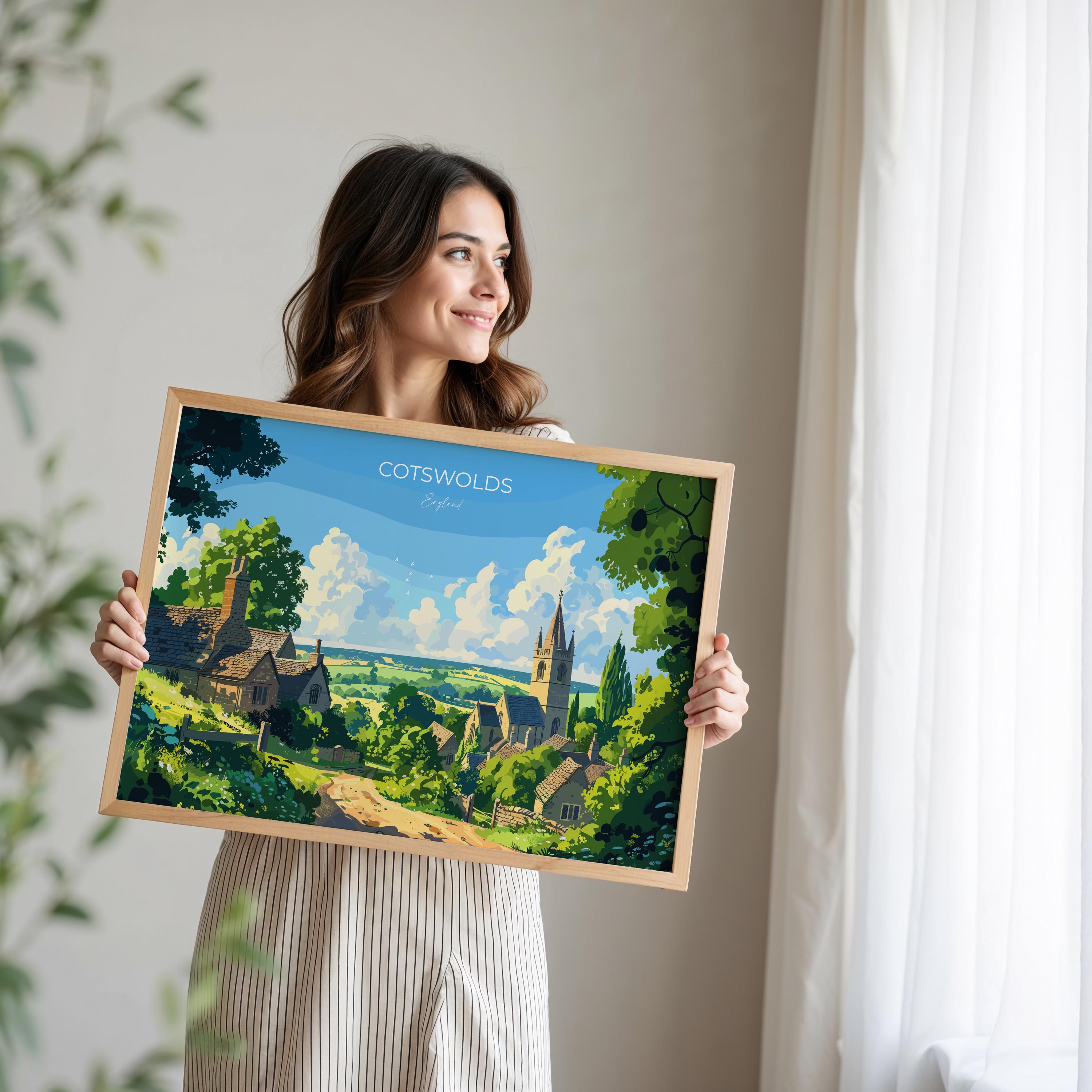 Cotswolds Landscape Travel Poster Wall Art, Travel Print of Cotswolds, Cotswolds Art Lovers Gift, English Countryside NQ Media Designs