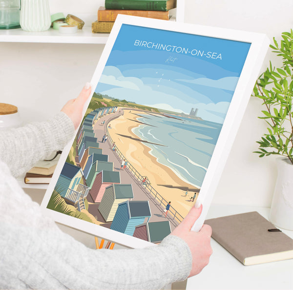 Birchington on Sea Travel Poster, Reculver Towers Beach Huts Wall Art, Kent Coast Print, Seaside Landscape Illustration, UK Coastal Decor