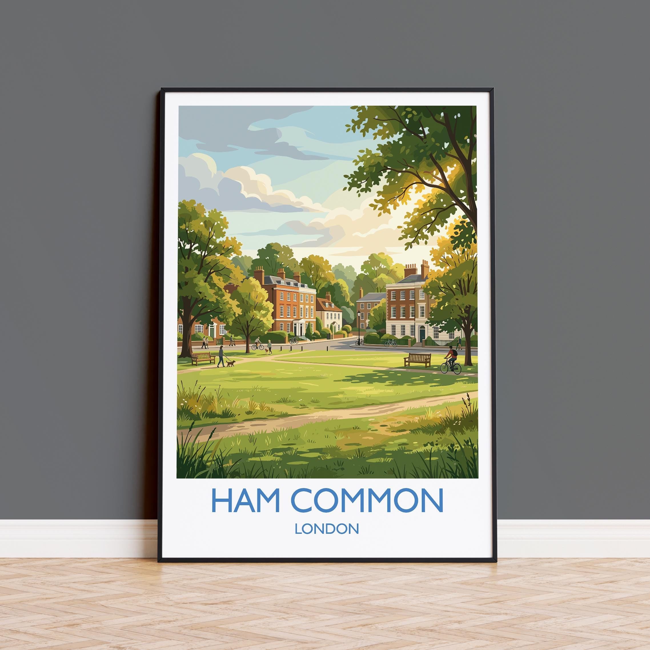 Ham Common London Travel Poster, Richmond Borough Wall Art, Historic Village Green Print, Surrey Landscape Art, Vintage Style UK Decor