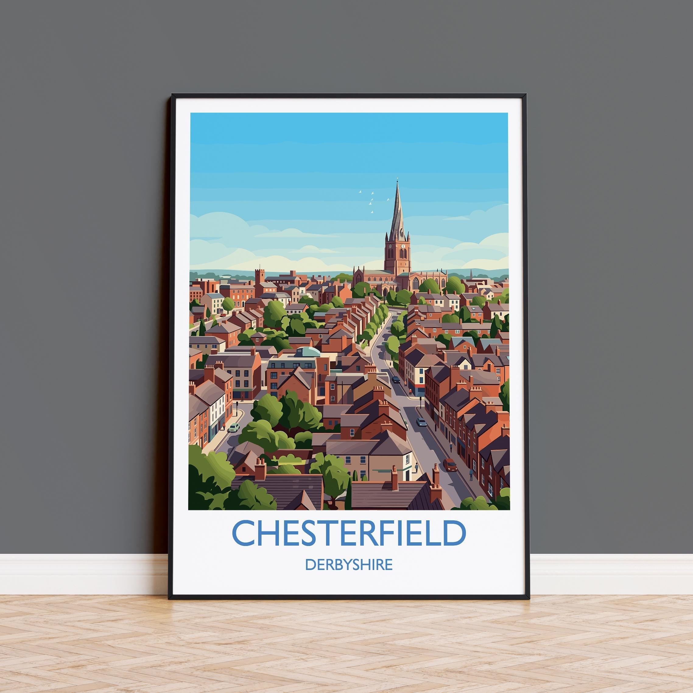 Chesterfield Travel Poster, Crooked Spire Church Wall Art, Derbyshire Town Print, St Marys Church Illustration, Chesterfield Gift NQ Media Designs