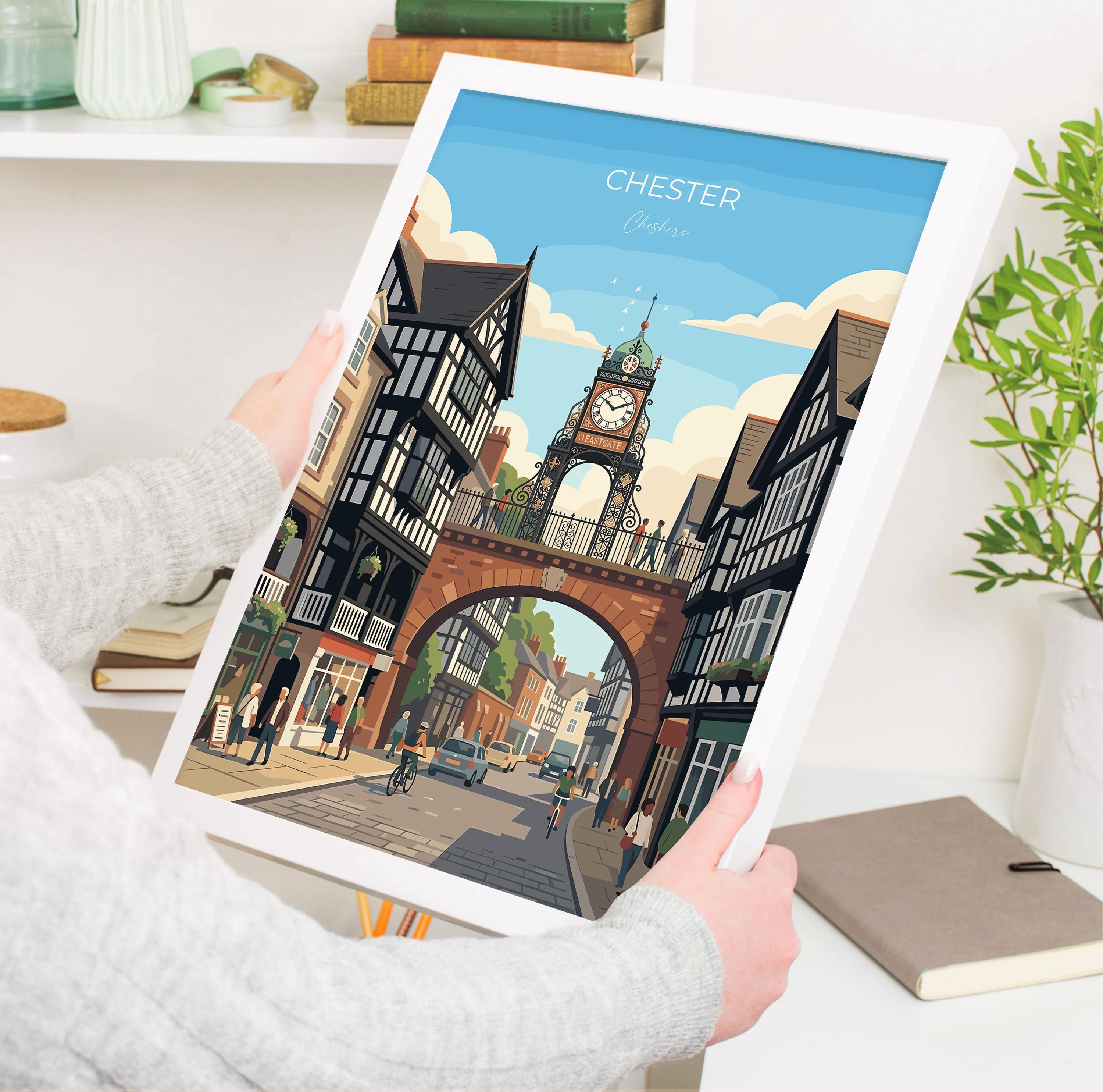 Chester Eastgate Clock Travel Print, Chester City Wall Art, Historic UK Architecture Poster, Vintage Style England City Decor, Chester Gift NQ Media Designs