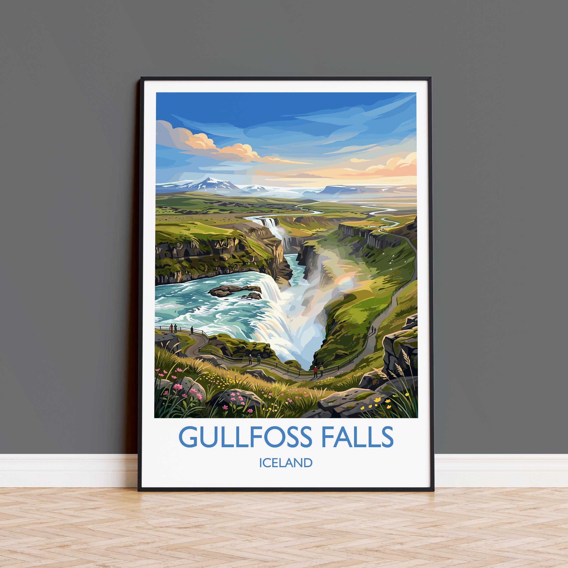 Gullfoss Waterfall Iceland Travel Poster, Golden Circle Wall Art, Iceland Waterfall Print, Landscape Art, Vintage Style Nordic Decor