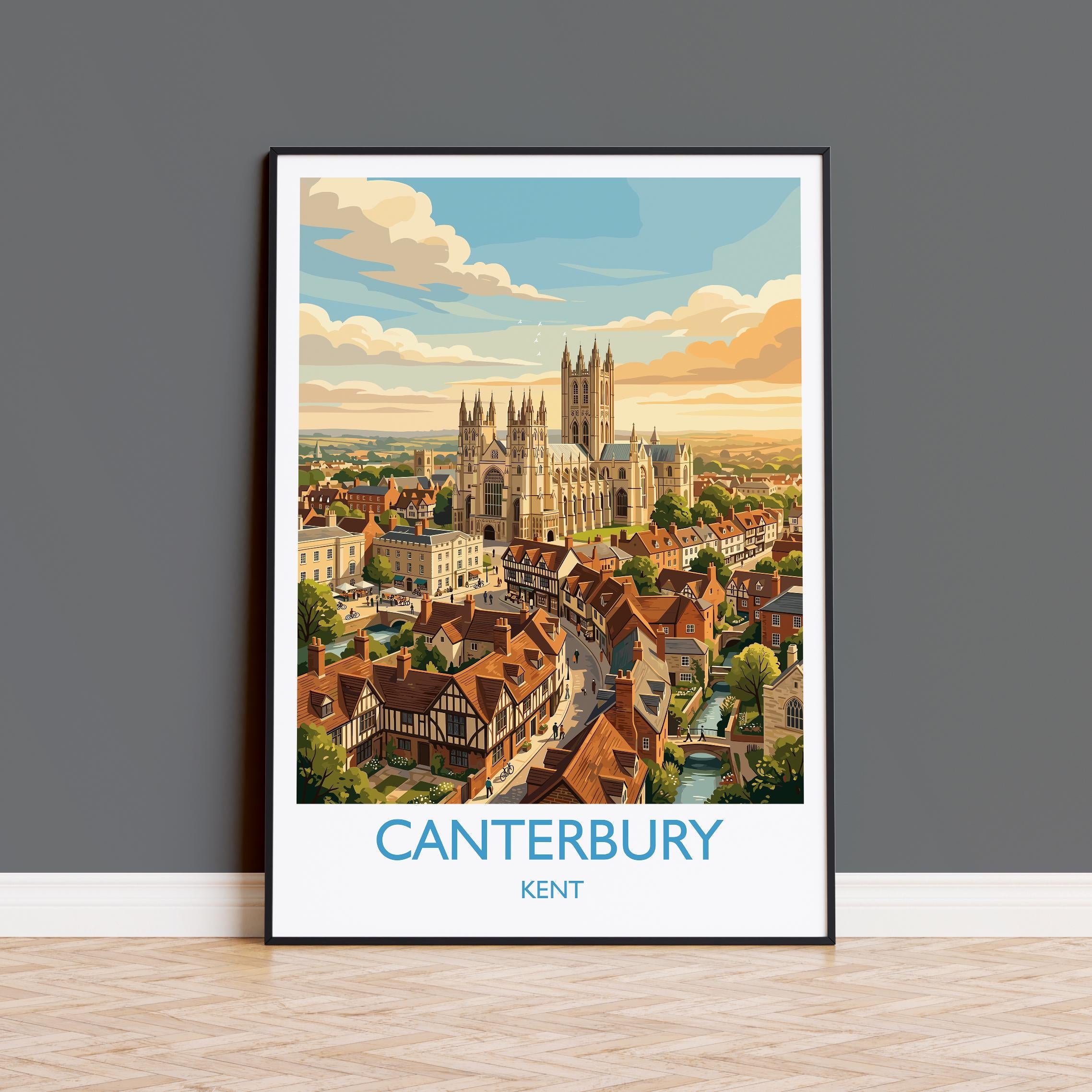 Canterbury Kent Travel Poster, Canterbury Cathedral Wall Art, Historic City Print, Kent Illustration, Vintage Style UK Decor