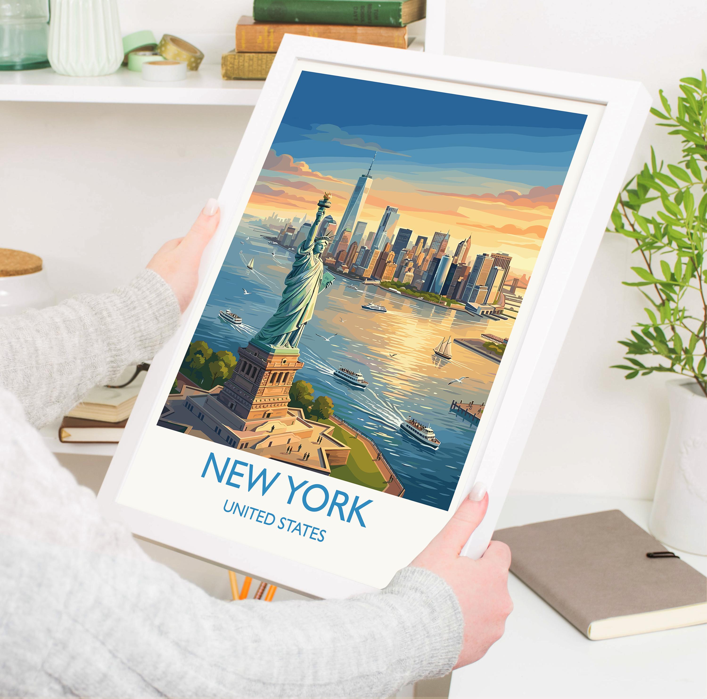 New York City Travel Poster, Statue of Liberty Wall Art, Manhattan Skyline Print, NYC Illustration, Vintage Style USA Decor