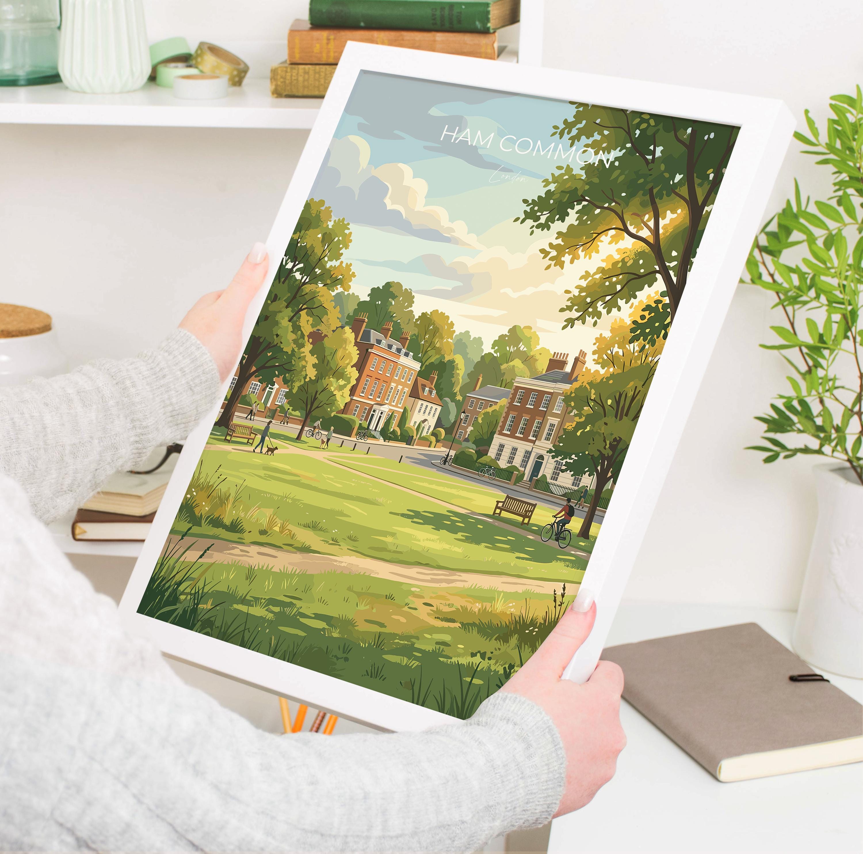 Ham Common London Travel Print, Richmond Borough Wall Art, Historic Village Green Poster, Surrey Landscape Art, Vintage Style UK Decor