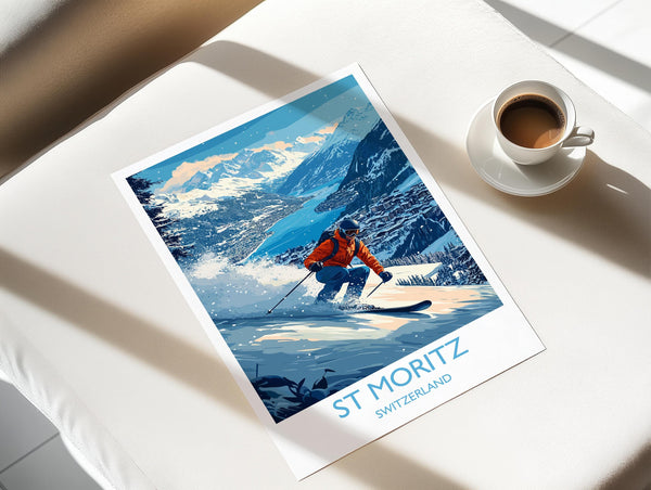 St Moritz Wall Art Travel Poster, Travel Print of St Moritz, Ski Poster, Switzerland Alps Art Travel Lovers Gift