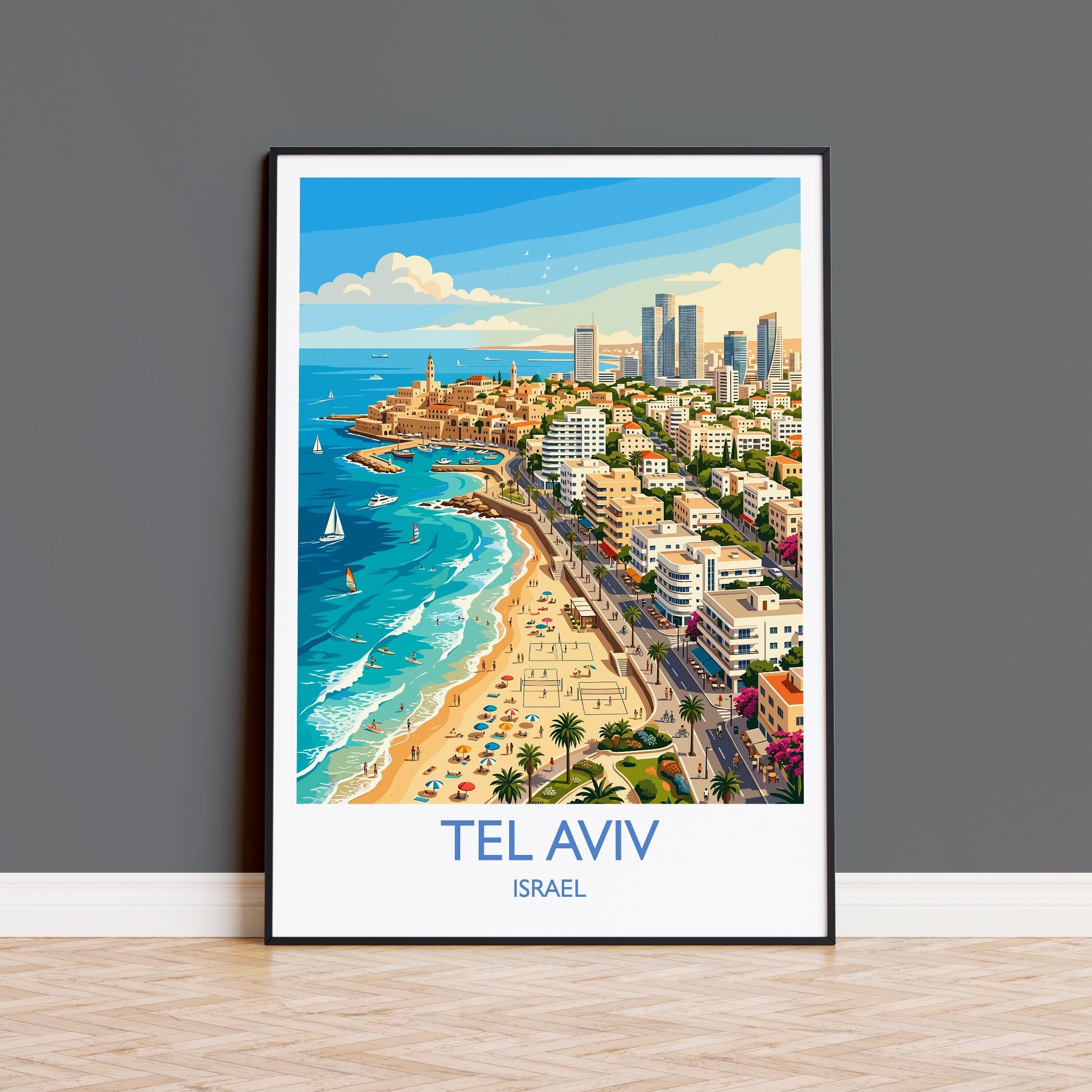 Tel Aviv Israel Travel Poster, Tel Aviv Skyline Wall Art, Mediterranean Beach Print, White City Illustration, Vintage Style Israel Decor