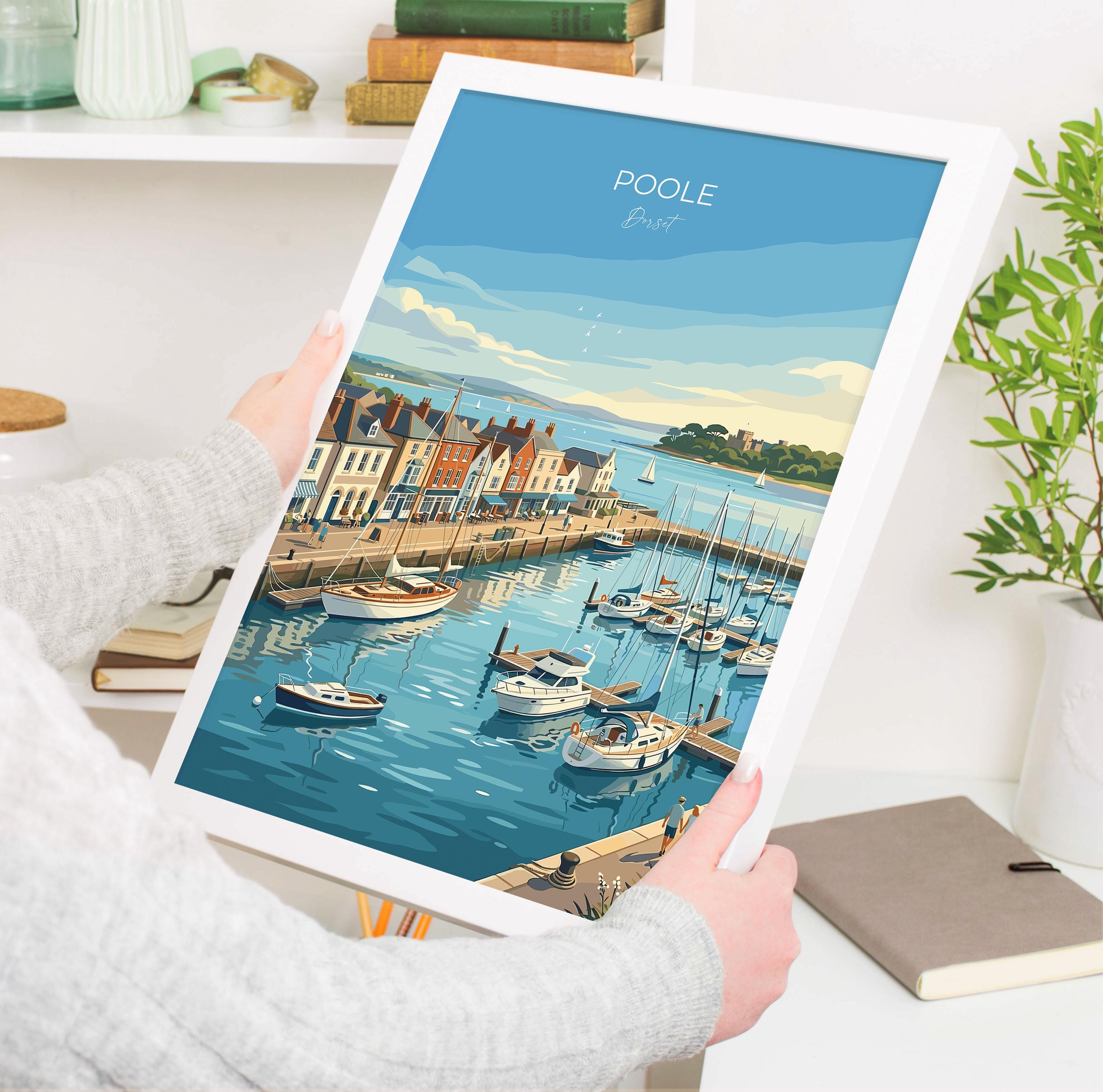 Poole Dorset Travel Print, Poole Harbour Wall Art, Dorset Coastal Poster, Historic Seaside Town Illustration, Vintage Style UK Decor