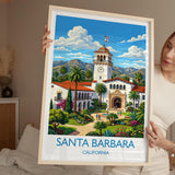 Santa Barbara Travel Print, California Wall Art with Border, Santa Barbara Courthouse Poster, Spanish Colonial Art Print, California Gift