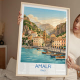 Amalfi Italy Travel Poster, Amalfi Coast Wall Art, Mediterranean Seaside Print, Colourful Coastal Village Illustration, Vintage Europe Decor