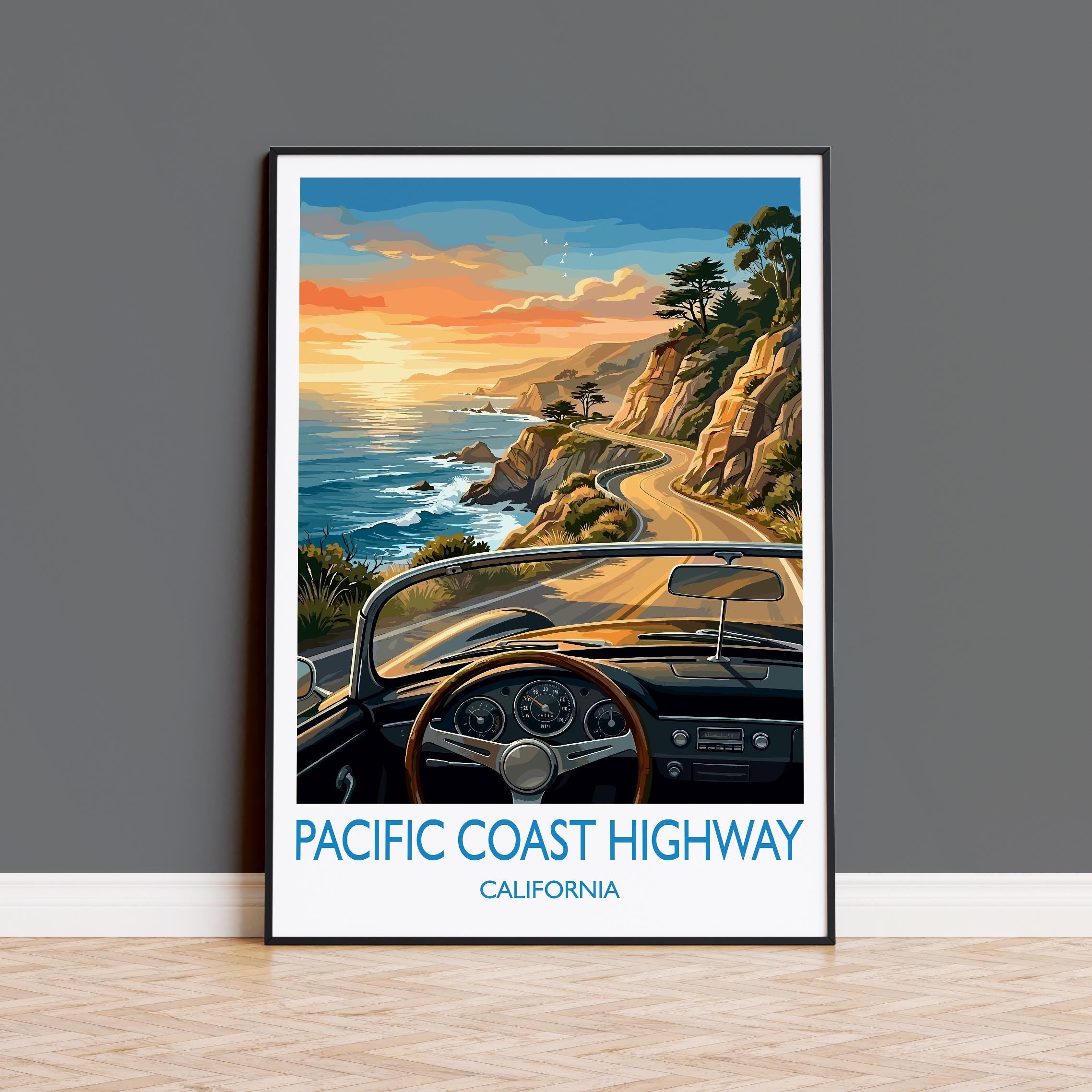 Pacific Coast Highway Travel Poster, California Coast Wall Art, Big Sur Scenic Drive Print, Highway 1 Illustration, Vintage Style USA Decor