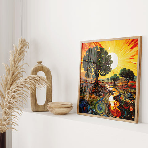 Olive Tree Groves Sun Print, Modern Abstract Art Lovers Gift, Tree Wall Art Print