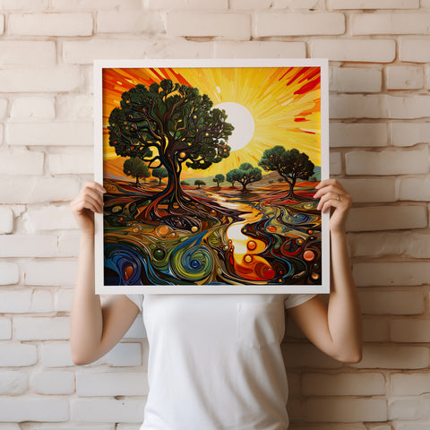 Olive Tree Groves Sun Print, Modern Abstract Art Lovers Gift, Tree Wall Art Print