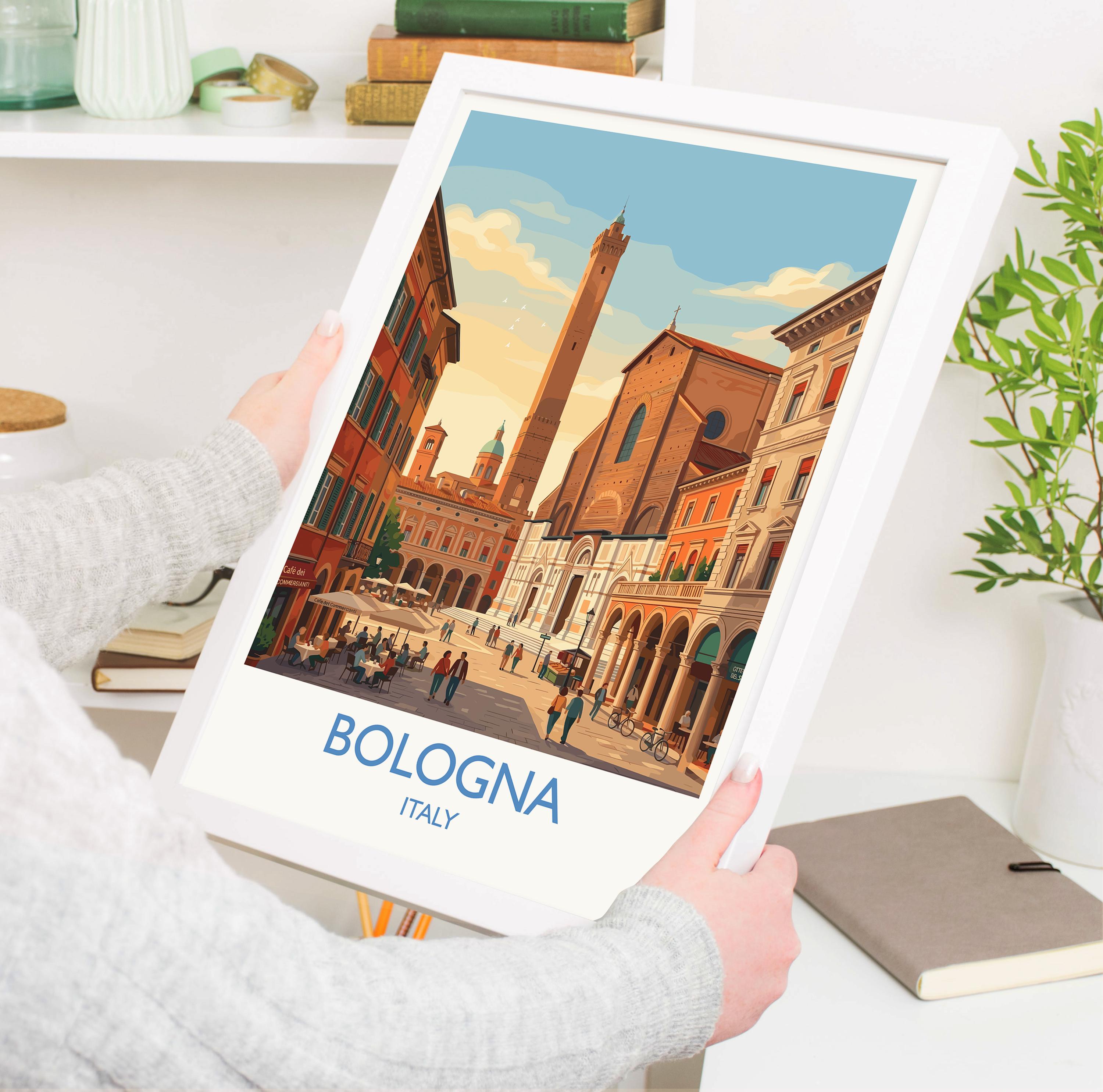Bologna Italy Travel Poster, Porticoes & Towers Wall Art, Historic City Print, Italian Architecture Illustration, Vintage Style Europe Decor