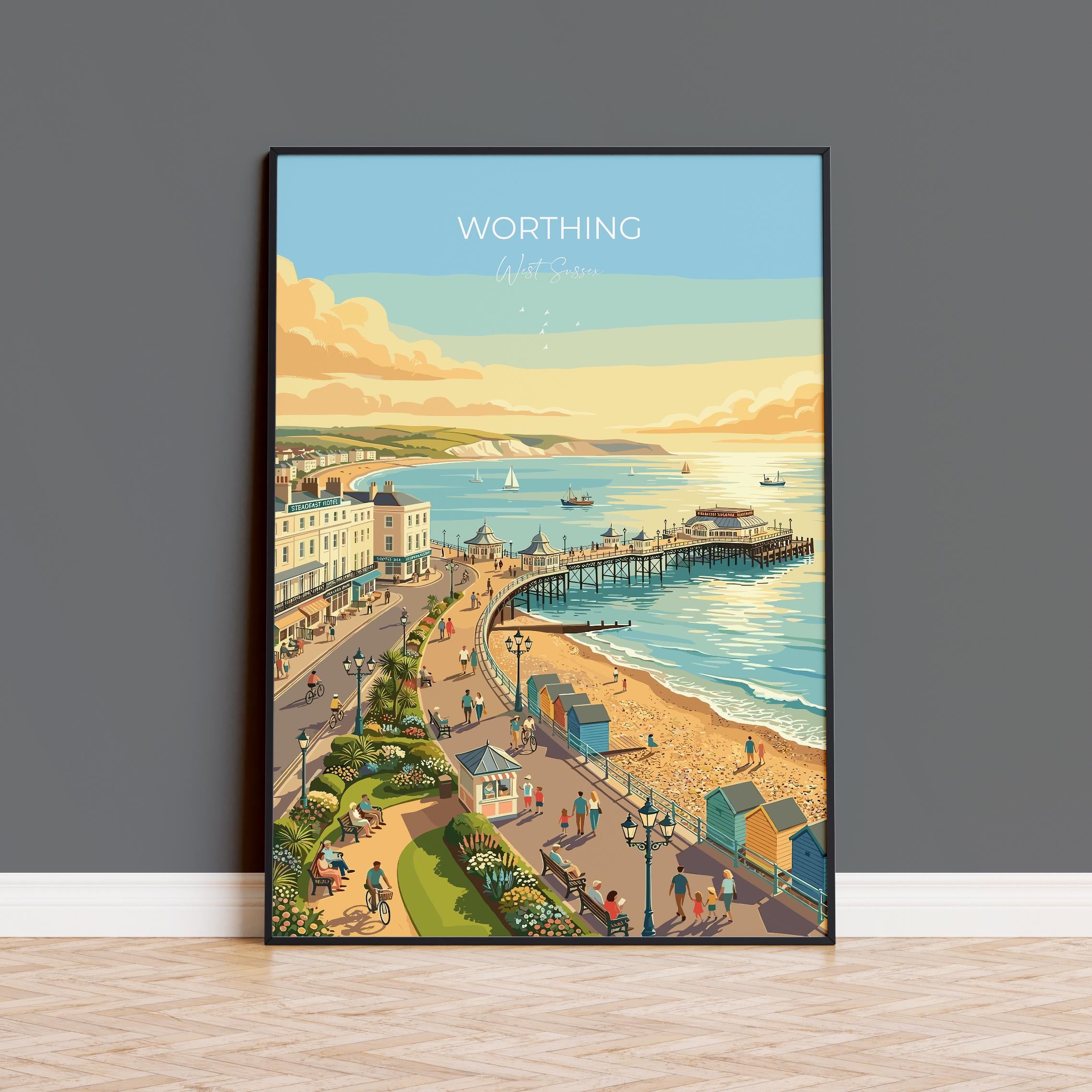 Worthing West Sussex Travel Print, Worthing Pier Wall Art, Seafront Poster, Sussex Coast Illustration, Vintage Style UK Decor