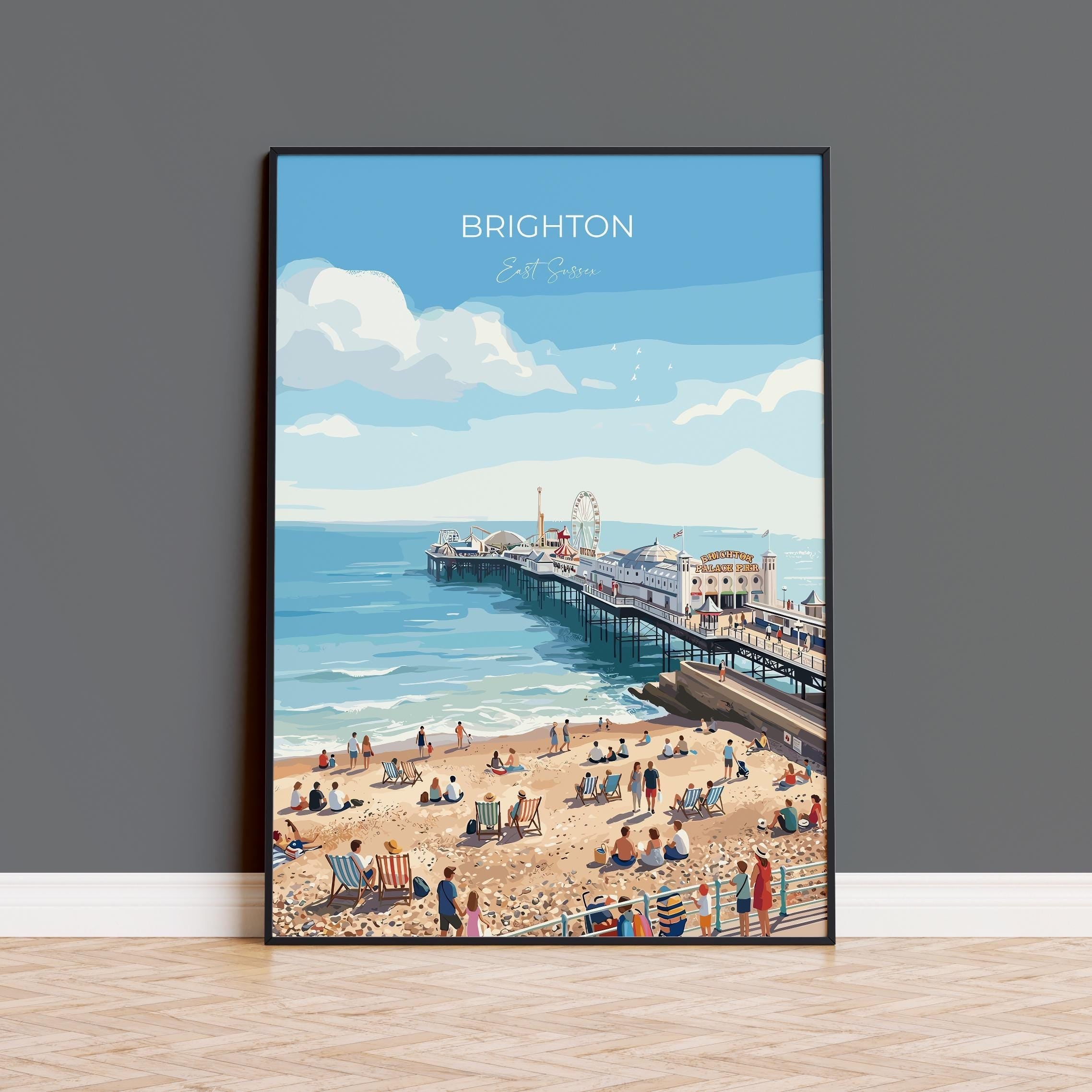 Brighton Travel Print, Brighton Pier Wall Art, Seaside Poster UK, Royal Pavilion Illustration, Vintage Style Coastal Decor, Brighton Gift NQ Media Designs