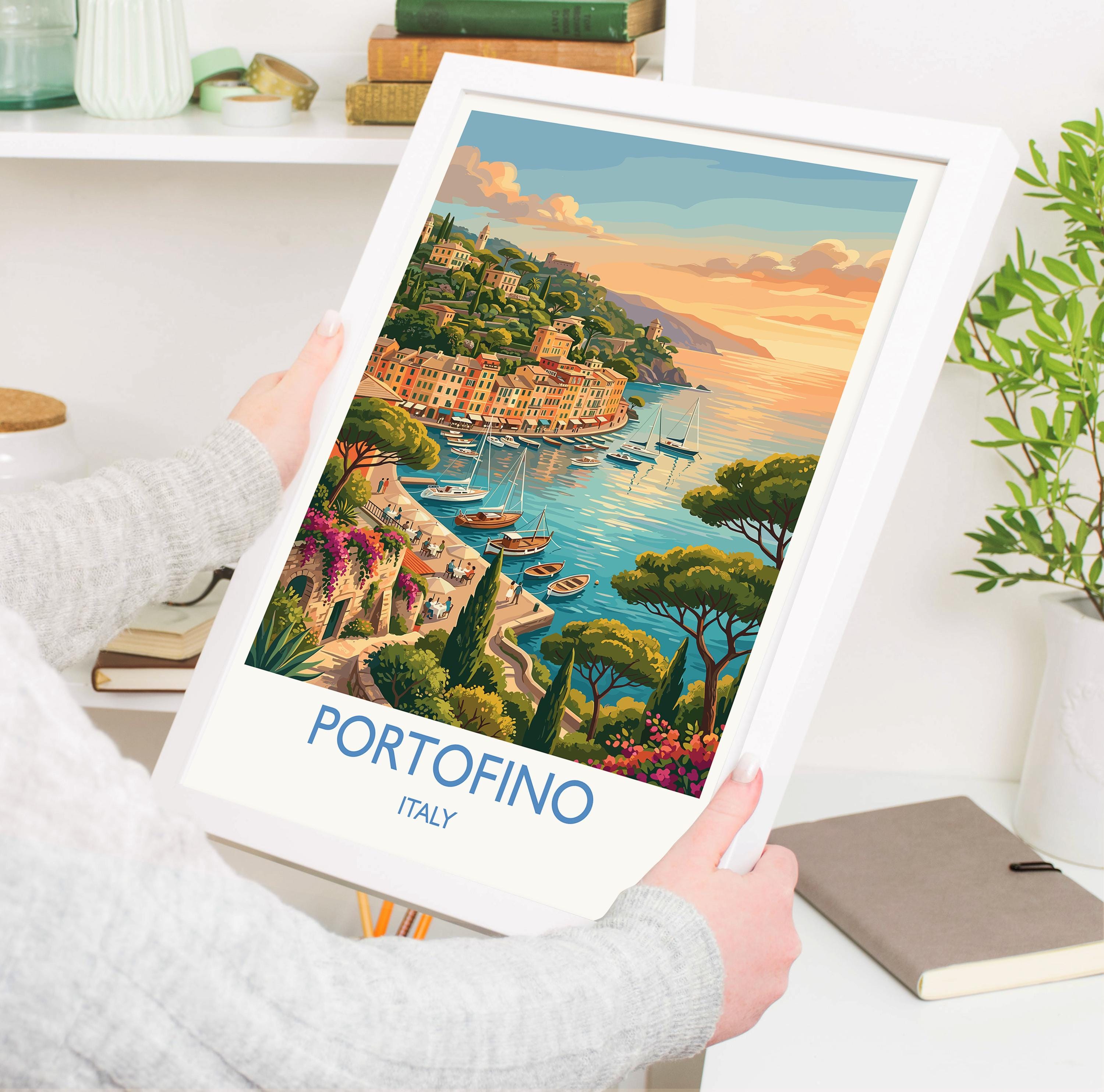 Portofino Italy Travel Poster, Italian Riviera Wall Art, Colourful Harbour Print, Mediterranean Coastal Illustration, Vintage Style Decor
