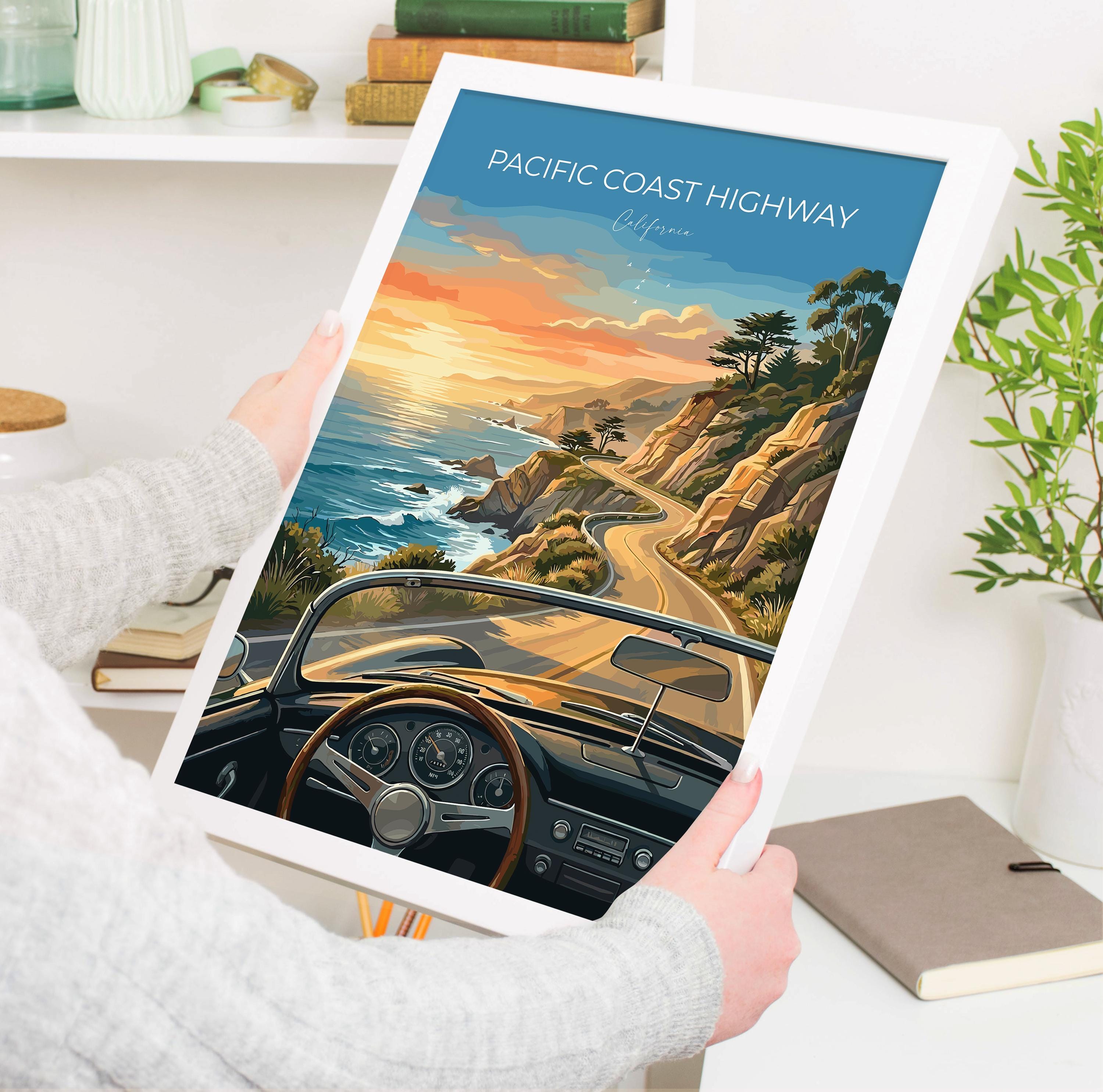 Pacific Coast Highway Travel Print, California Coast Wall Art, Big Sur Scenic Drive Poster, Highway 1 Illustration, Vintage Style USA Decor