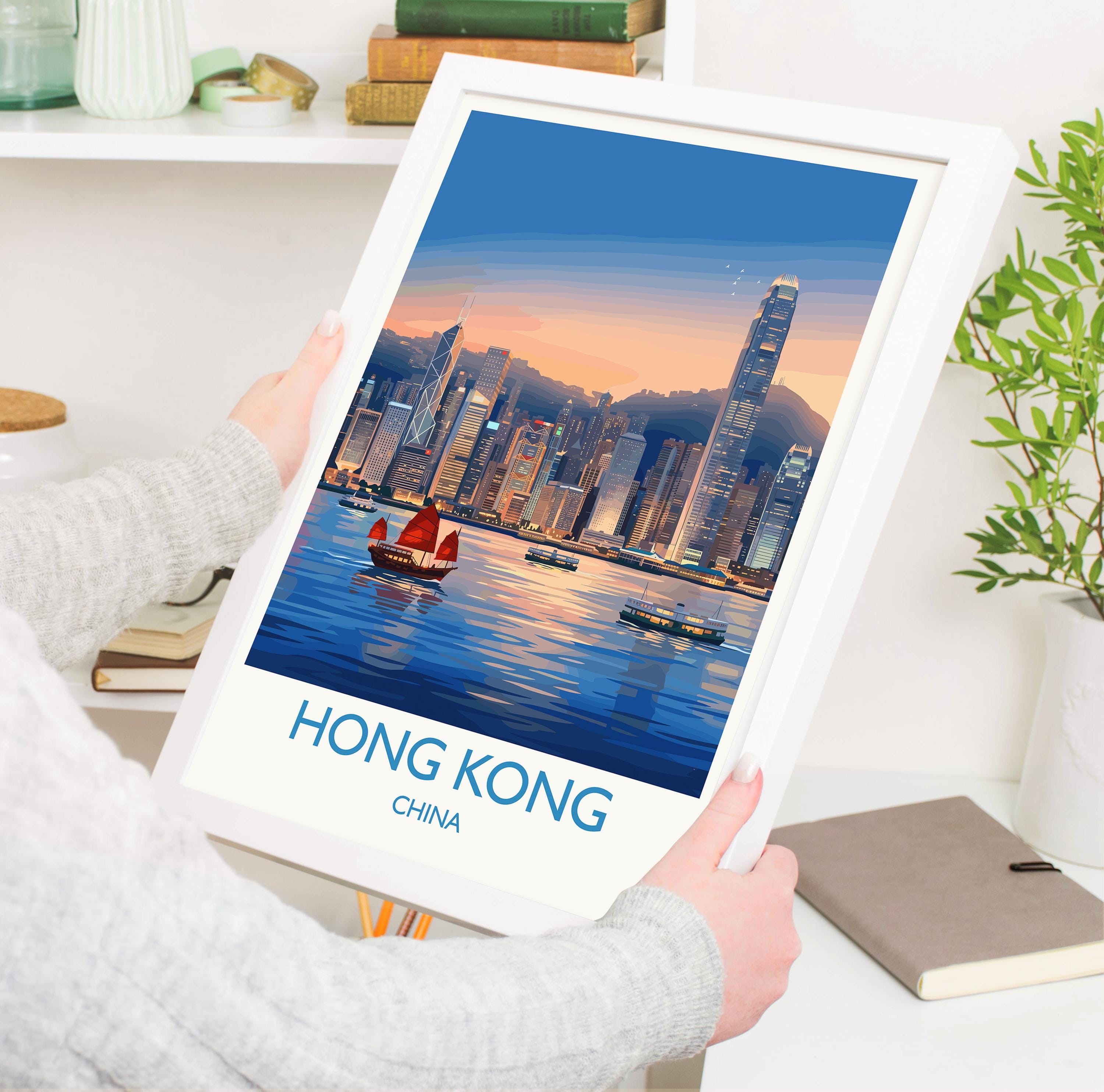 Hong Kong Travel Poster, Victoria Harbour Wall Art, Hong Kong Skyline Print, Star Ferry Illustration, Vintage Style Asia City Decor