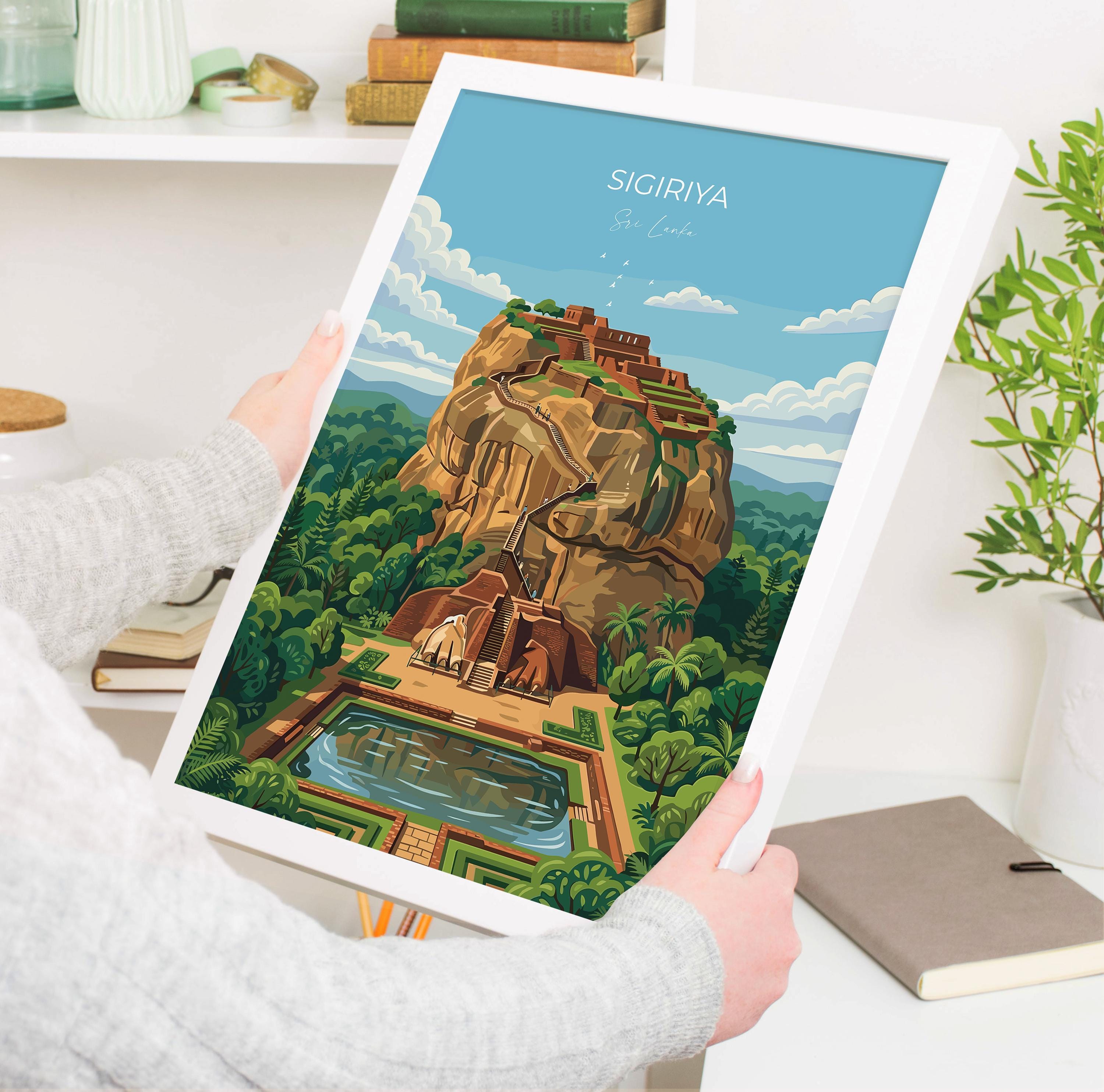 Sigiriya Sri Lanka Travel Poster, Lion Rock Wall Art, Tropical Jungle Print, Vintage Style Asian Travel Decor, UNESCO Heritage Gift NQ Media Designs