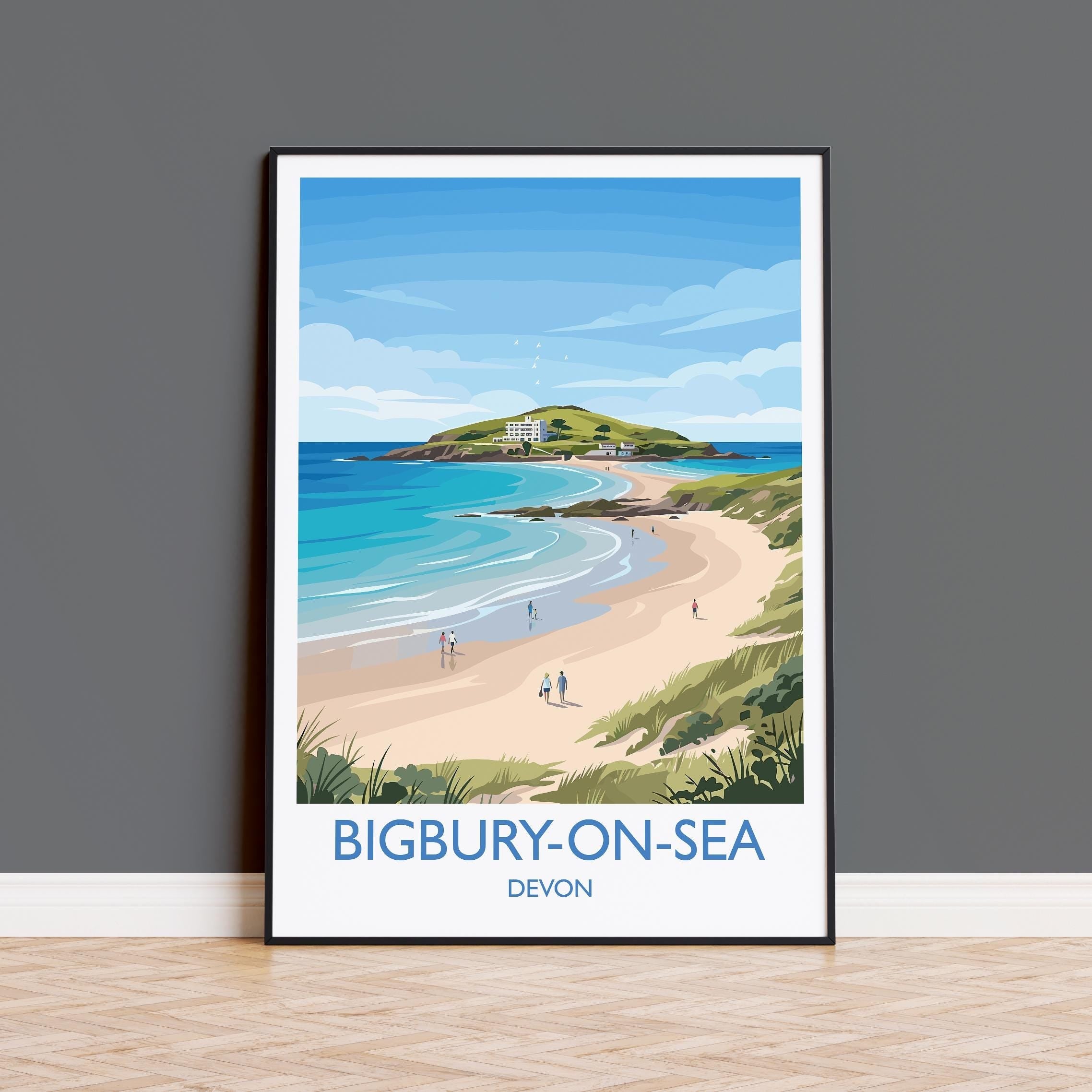 Bigbury on Sea Devon Travel Poster, Burgh Island Coastal Wall Art, South Devon Beach Print, Vintage Style Seaside Decor, UK Coast Gift NQ Media Designs