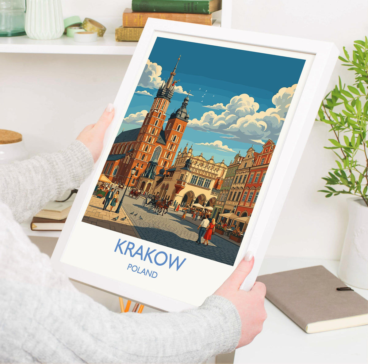 Krakow Poland Print, St Mary’s Basilica Wall Art with Border, Main Market Square Poster, Polish Travel Print, Krakow Gift
