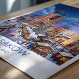 Krakow Christmas Market Print, Poland Winter Wall Art with Border, St Mary’s Basilica Poster, Festive Travel Print, Krakow Gift