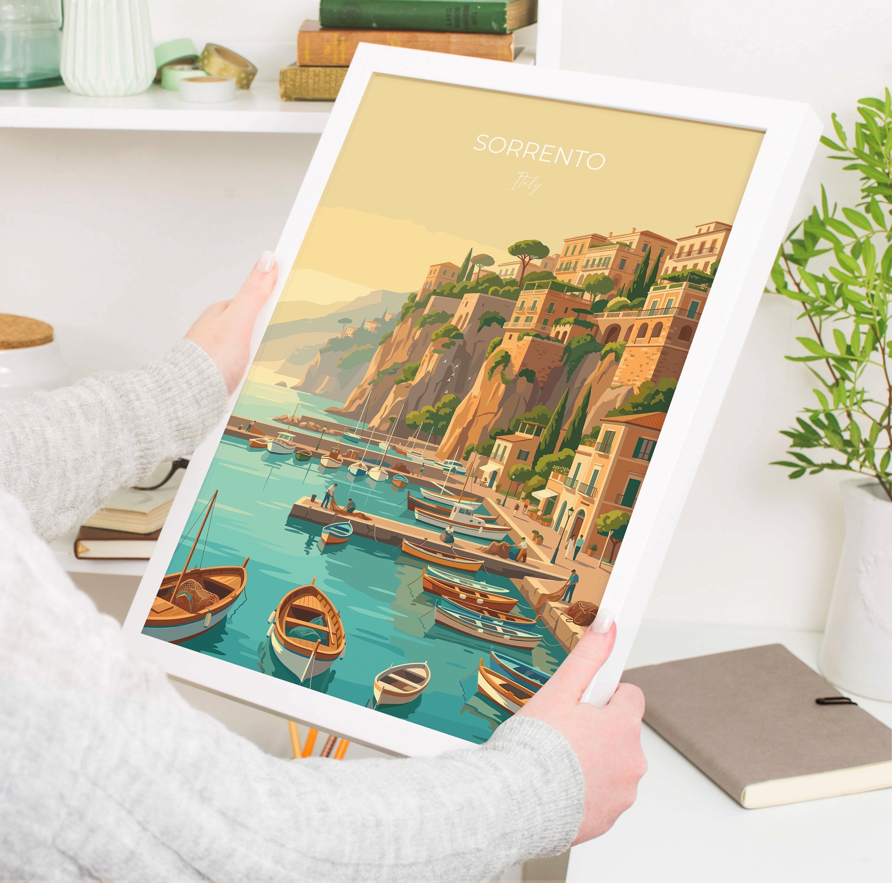 Sorrento Italy Travel Poster, Amalfi Coast Wall Art, Mediterranean Seaside Print, Italian Coastal Landscape, Vintage Style Europe Decor