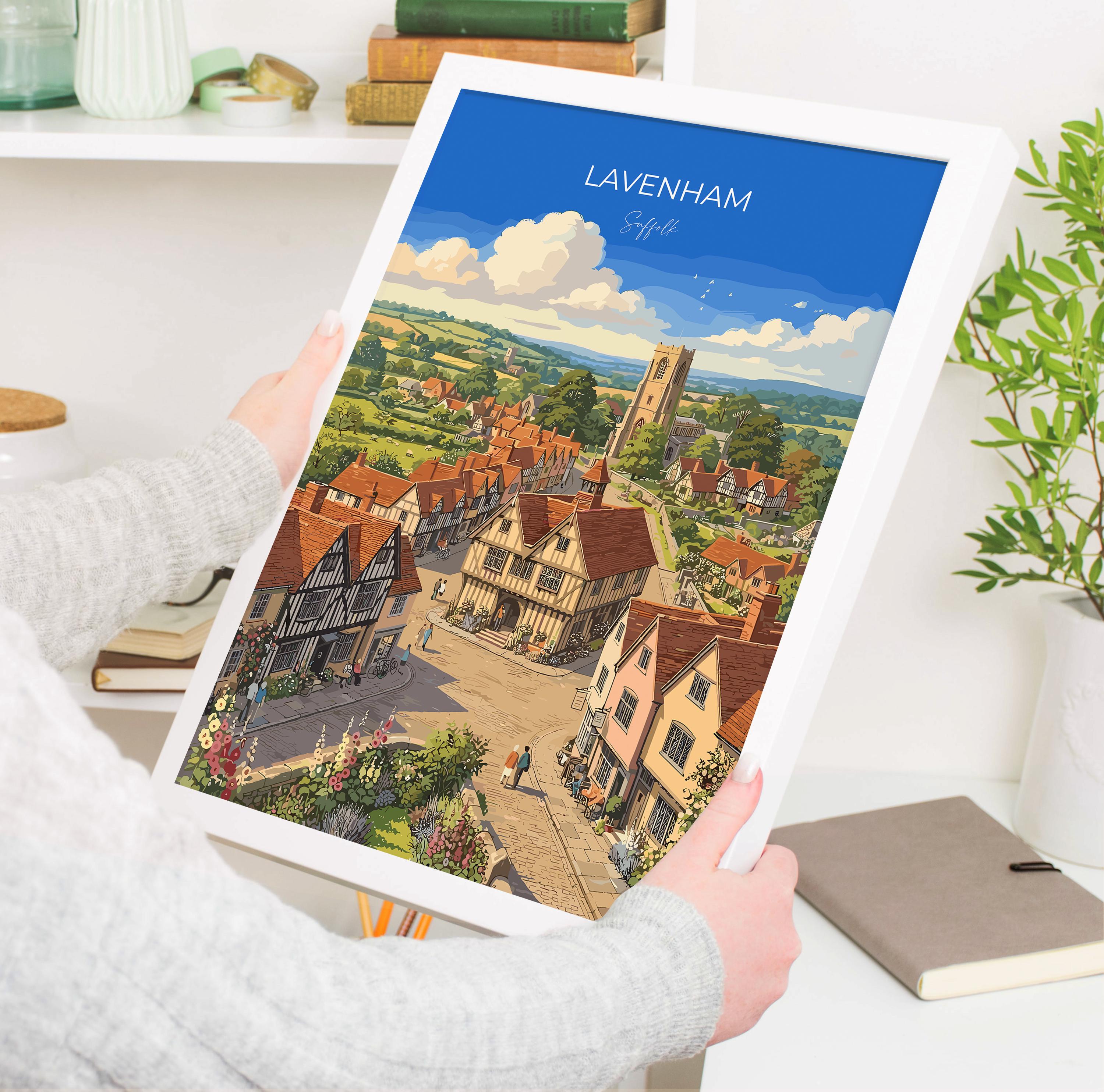 Lavenham Suffolk Travel Poster, Medieval Village Wall Art, Guildhall Print, Timber-Framed Houses Illustration, Vintage Style UK Decor
