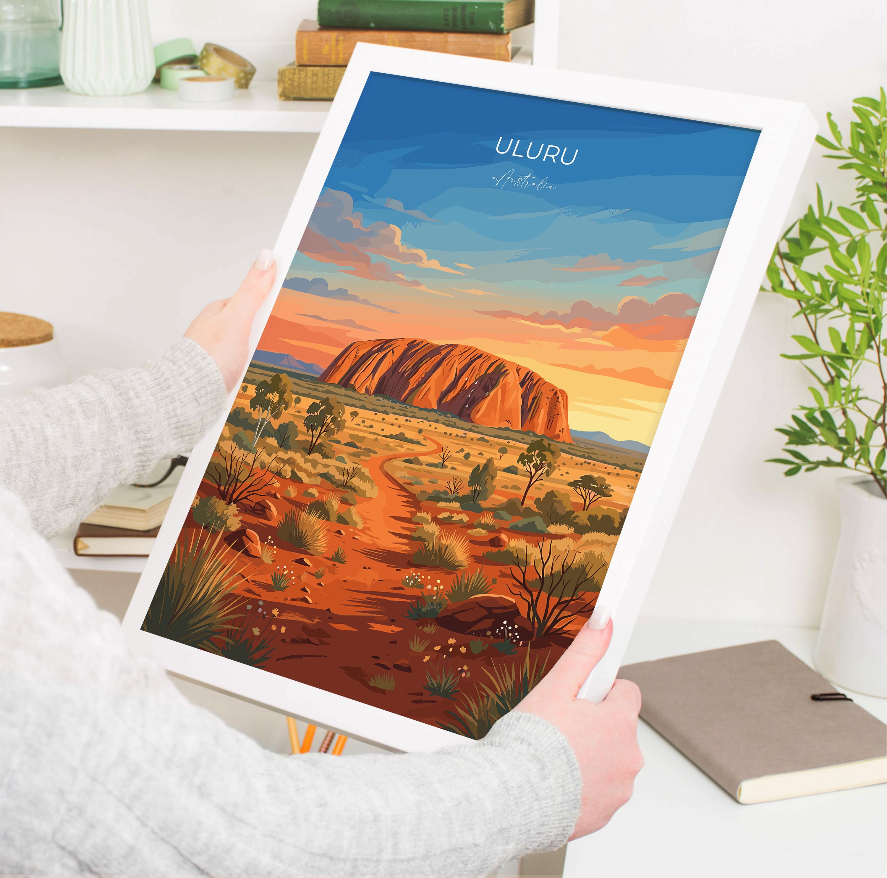 Uluru Australia Travel Print, Ayers Rock Wall Art, Outback Landscape Poster, Northern Territory Illustration, Vintage Style Australia Decor