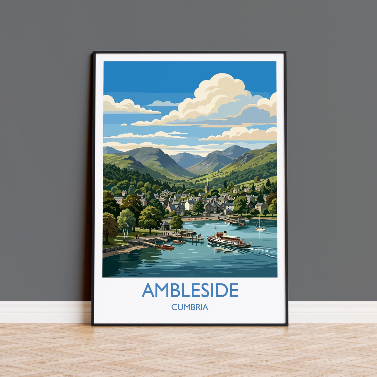 Ambleside Print, Lake Windermere Wall Art with Border, Cumbria Poster, England Travel Print, Ambleside Gift Print