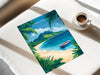 A travel brochure or magazine cover featuring a tropical beach scene with palm trees, a boat on the water, and a mountain in the background.