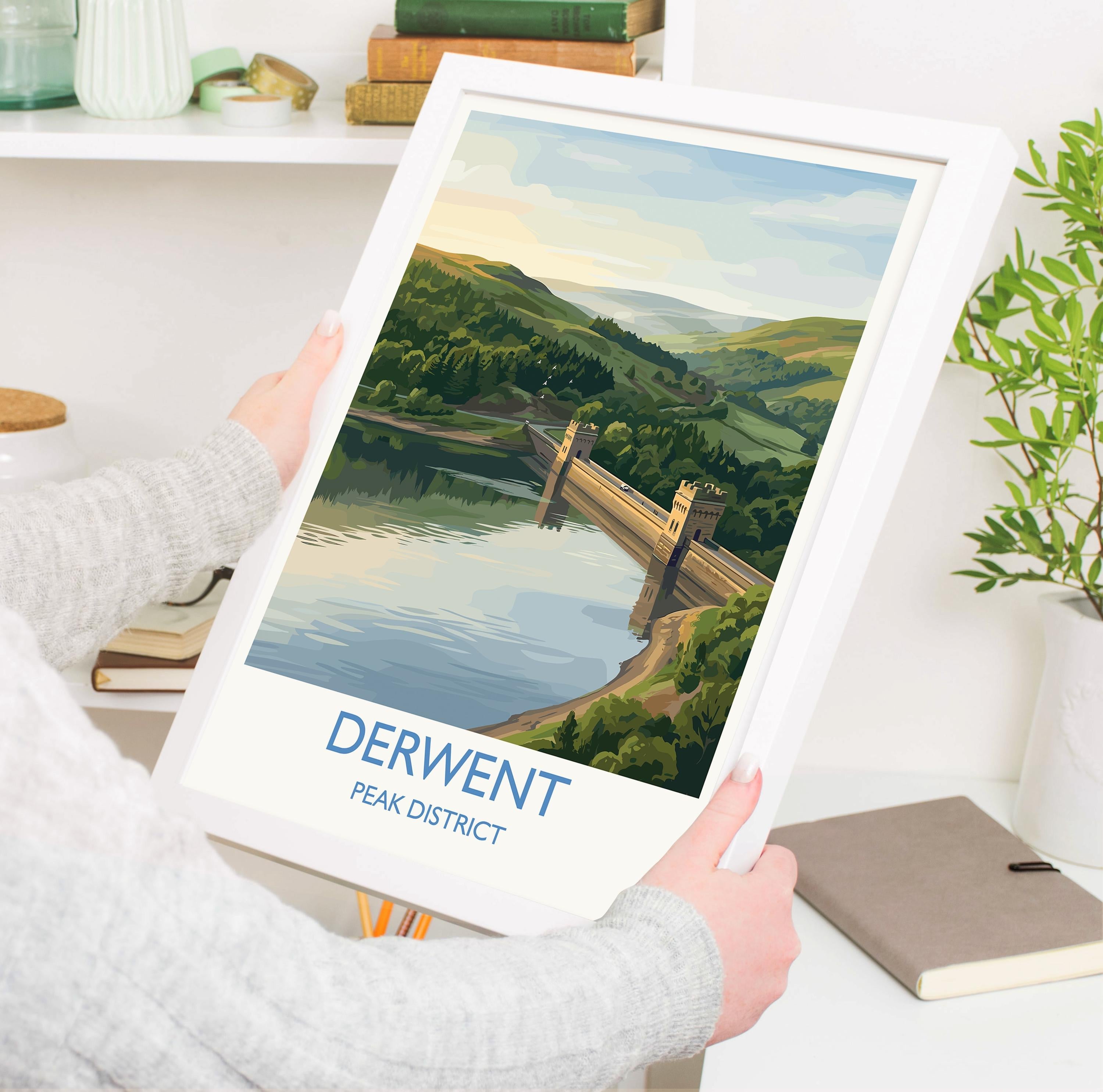 Derwent Reservoir Dam Travel Poster, Peak District Wall Art, Ladybower Dam Print, Derbyshire Landscape Illustration, UK Nature Decor NQ Media Designs