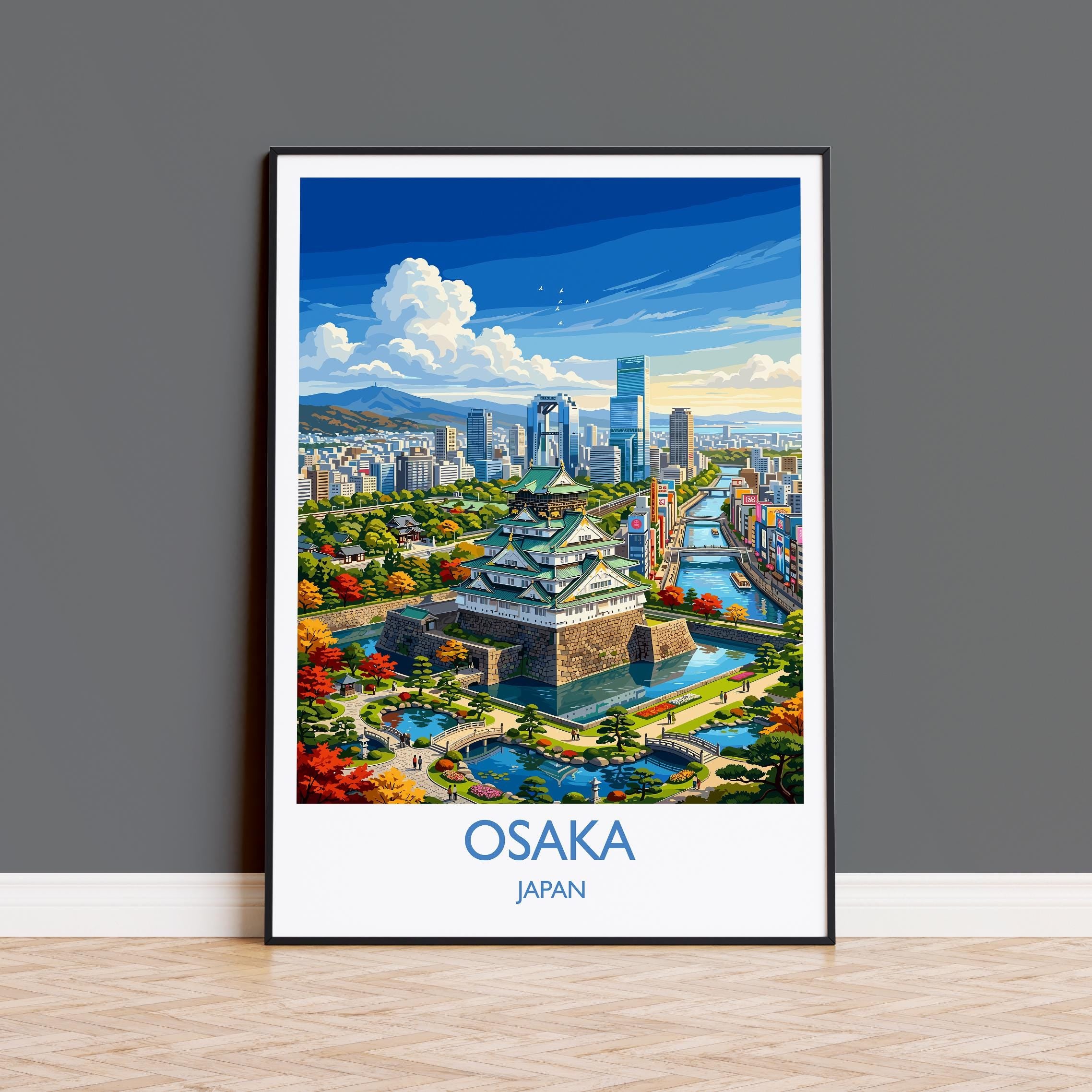 Osaka Japan Travel Poster, Osaka Castle Wall Art, Dotonbori Skyline Print, Japanese City Illustration, Vintage Style Japan Decor