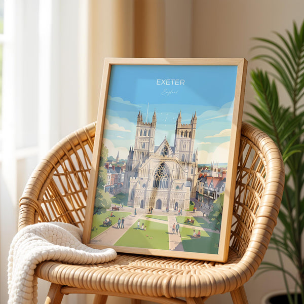 Exeter Cathedral Travel Print, Exeter Devon Wall Art, Historic England City Poster, Gothic Architecture Illustration, UK Decor, Exeter Gift