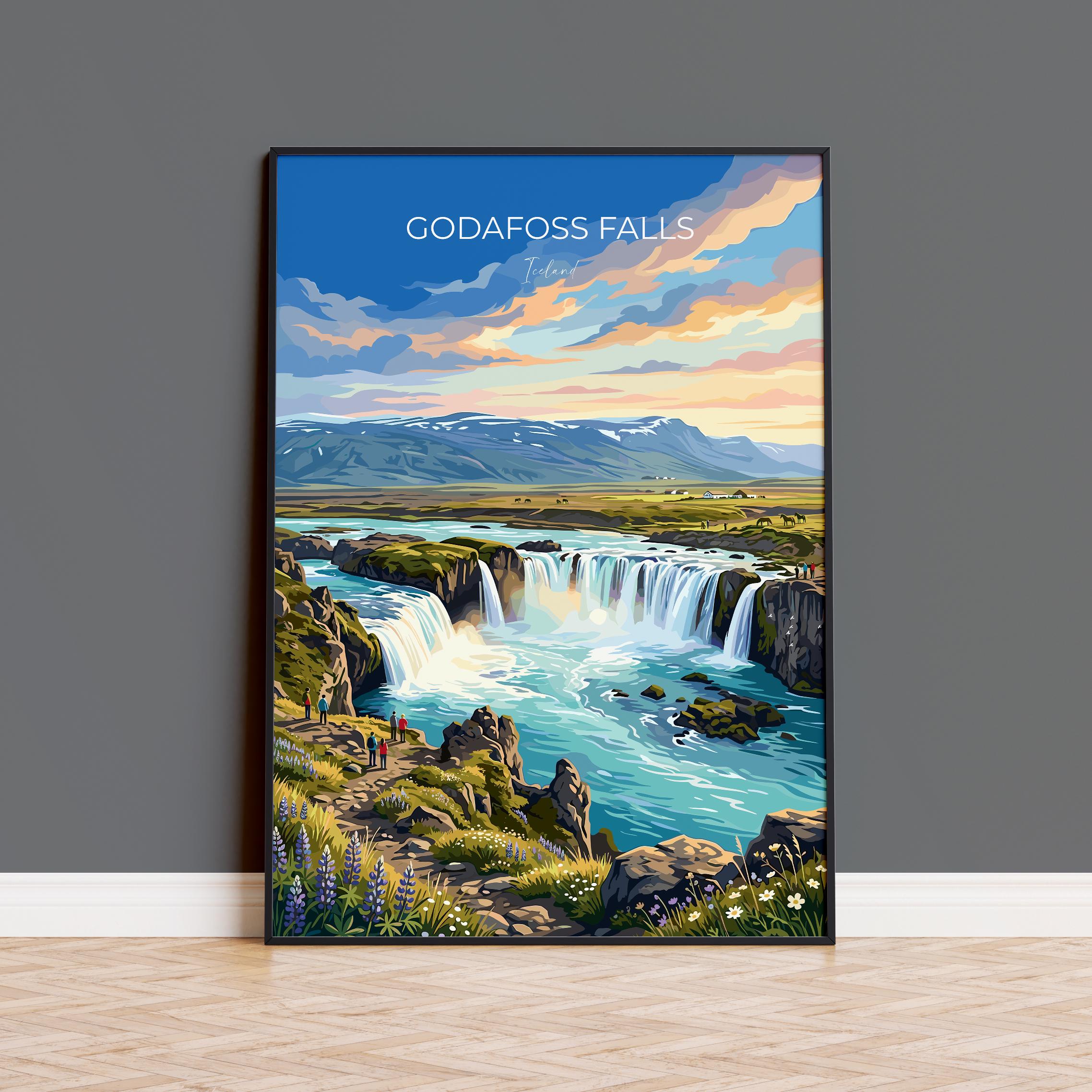 Godafoss Waterfall Iceland Travel Print, Goðafoss Wall Art, Iceland Waterfall Poster, North Iceland Landscape, Vintage Style Nordic Decor