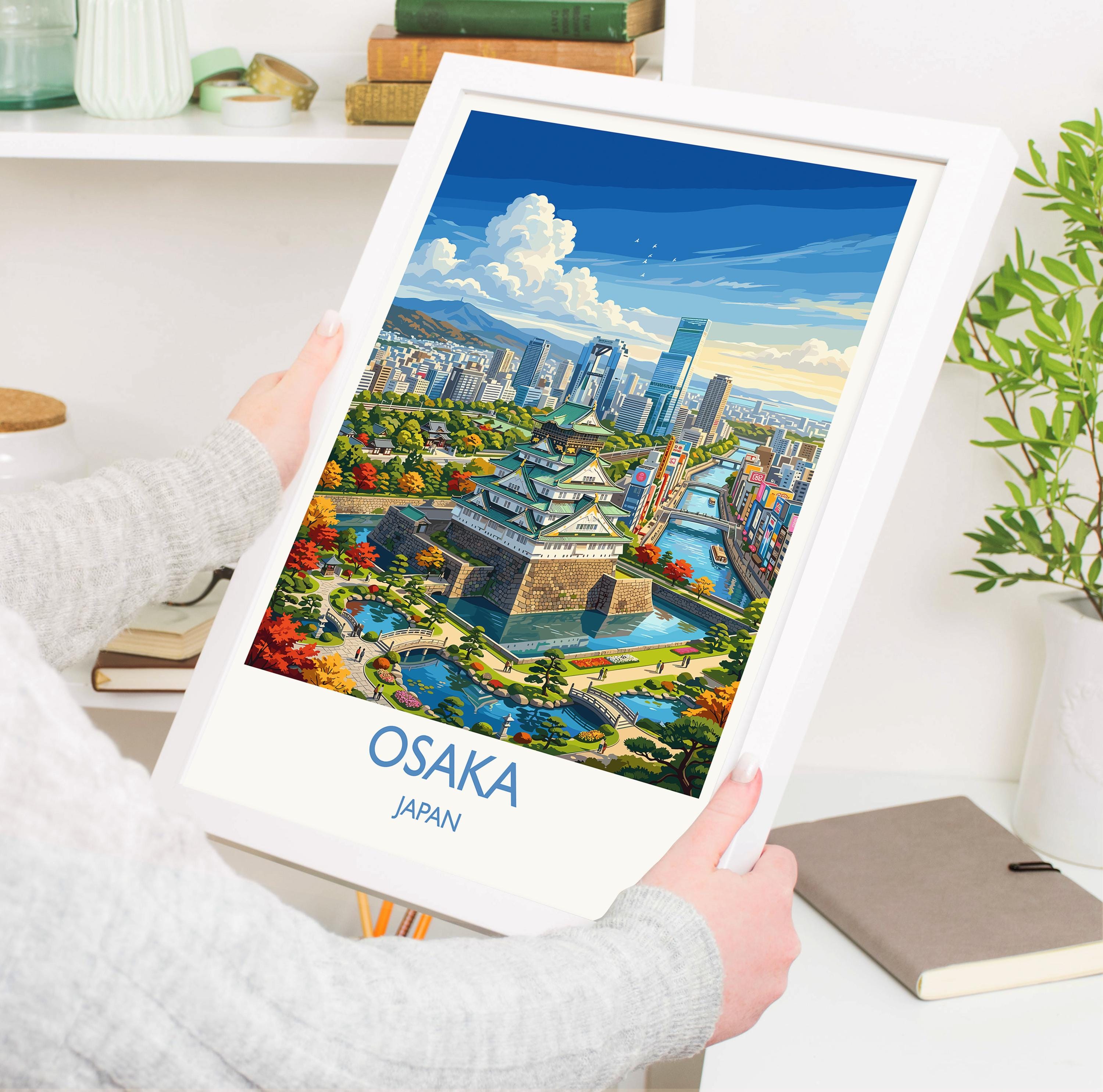 Osaka Japan Travel Poster, Osaka Castle Wall Art, Dotonbori Skyline Print, Japanese City Illustration, Vintage Style Japan Decor
