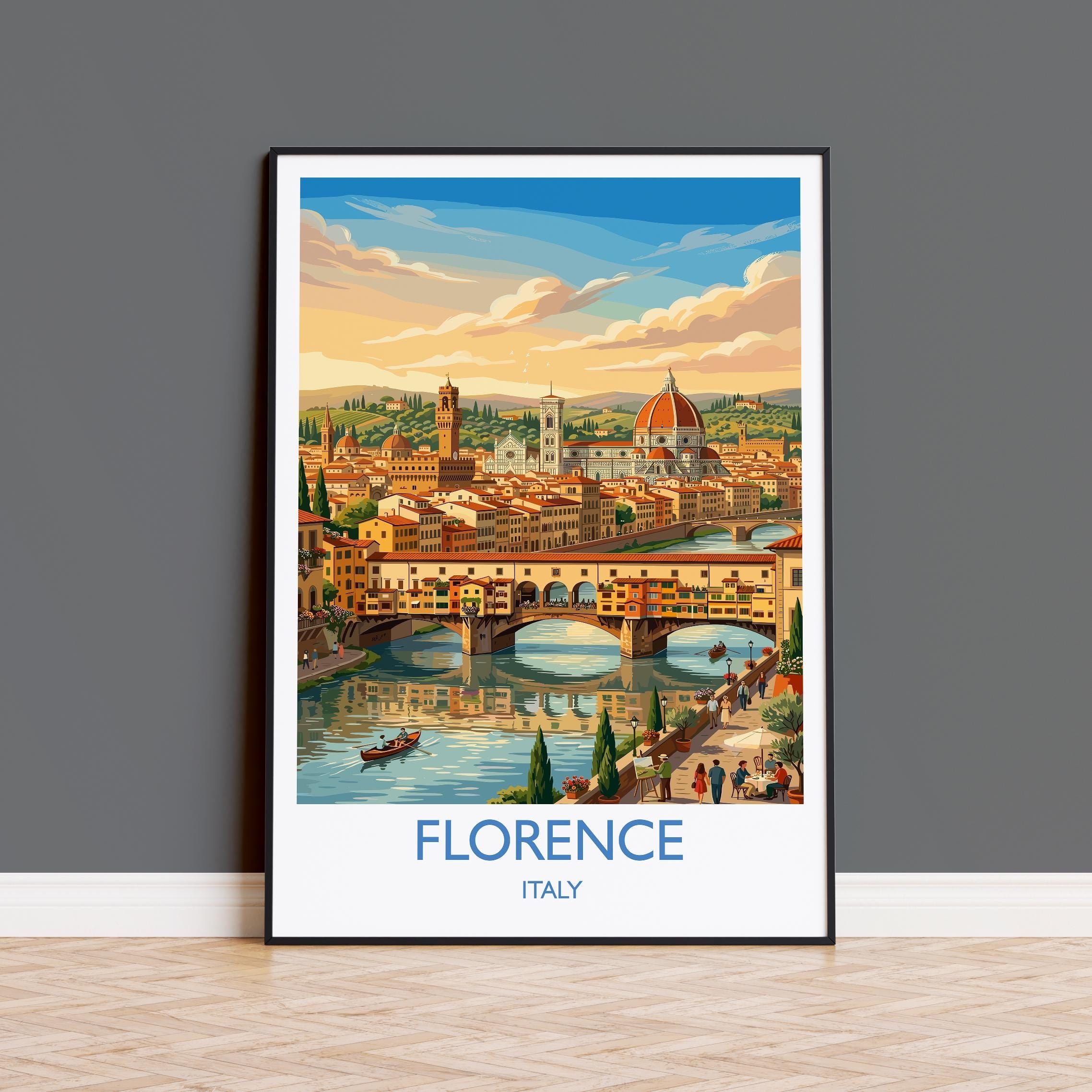 Florence Italy Travel Poster, Duomo Wall Art, Ponte Vecchio Print, Tuscany Skyline Illustration, Vintage Style Italian Decor