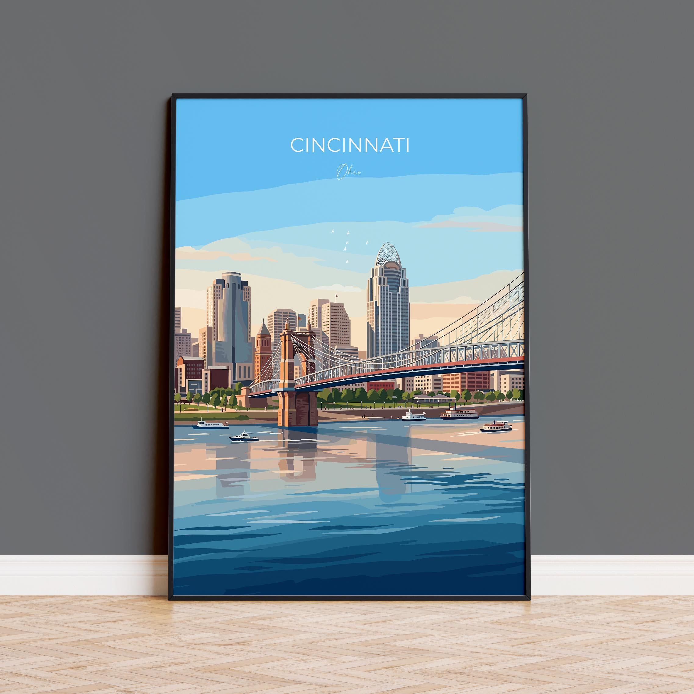 Cincinnati Ohio Travel Print, Cincinnati Skyline Wall Art, Ohio River City Poster, Historic & Modern Cityscape, Vintage Style USA Decor