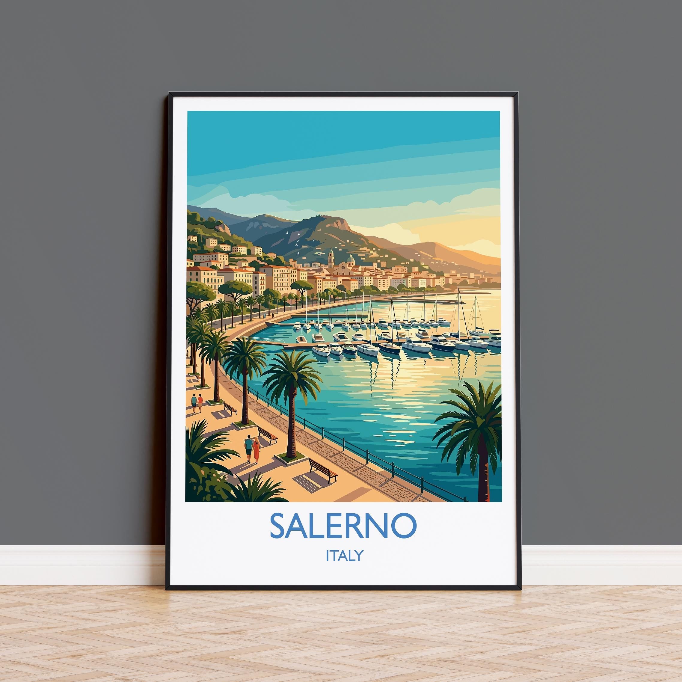 Salerno Italy Travel Poster, Amalfi Coast Gateway Wall Art, Mediterranean Seaside Print, Italian Coastal Illustration, Vintage Style Decor