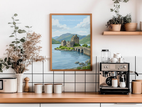 Eilean Donan Castle Scotland Travel Print, Scottish Highlands Castle Wall Art, Landscape Poster, Iconic Scotland Illustration, UK Decor