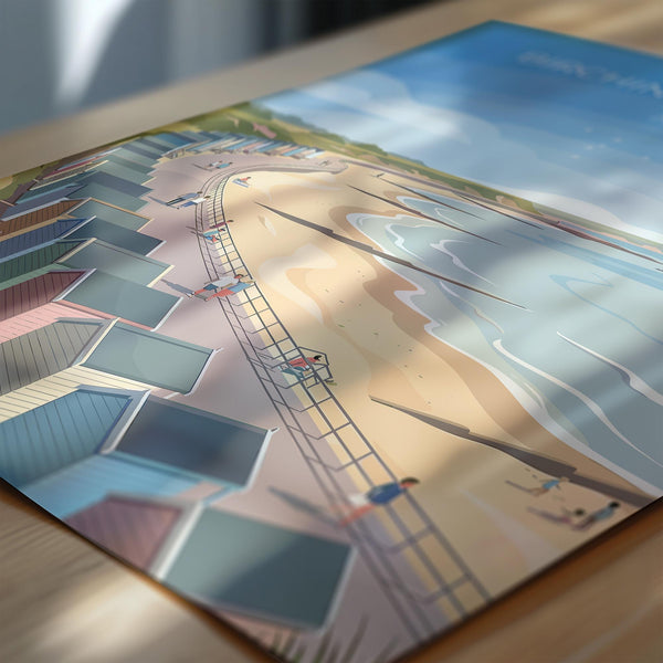 Birchington on Sea Travel Poster, Reculver Towers Beach Huts Wall Art, Kent Coast Print, Seaside Landscape Illustration, UK Coastal Decor