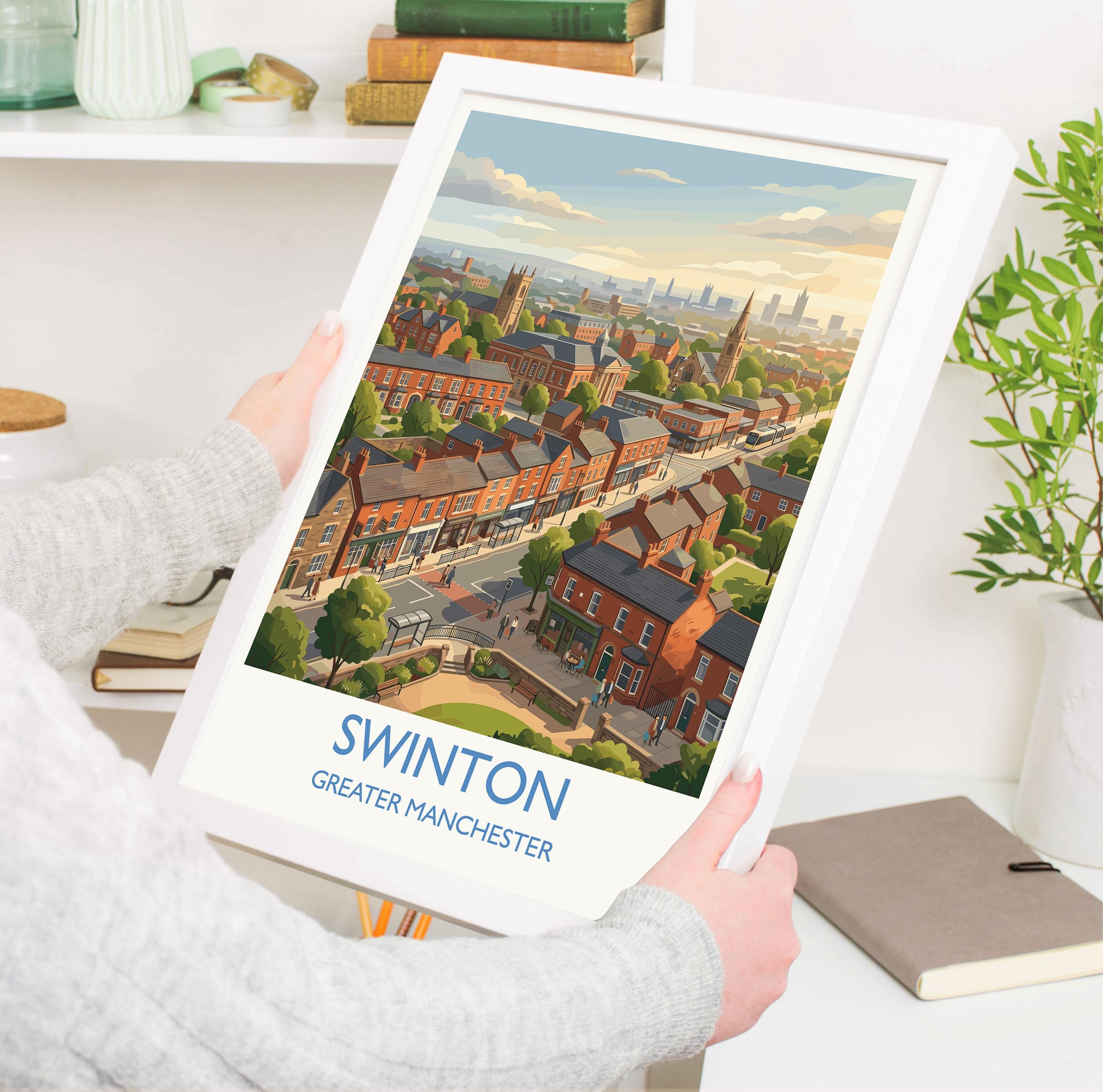 Swinton Travel Poster, Manchester Wall Art, Greater Manchester Print, Modern Skyline Illustration, Vintage Style UK Decor