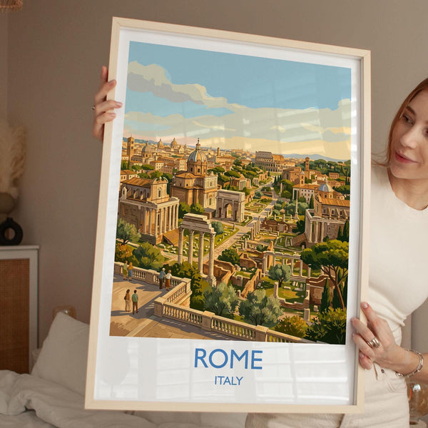 Rome Forum Travel Poster, Roman Forum Ruins Wall Art, Ancient Rome Landscape Print, Historic Architecture Illustration, Italy Decor