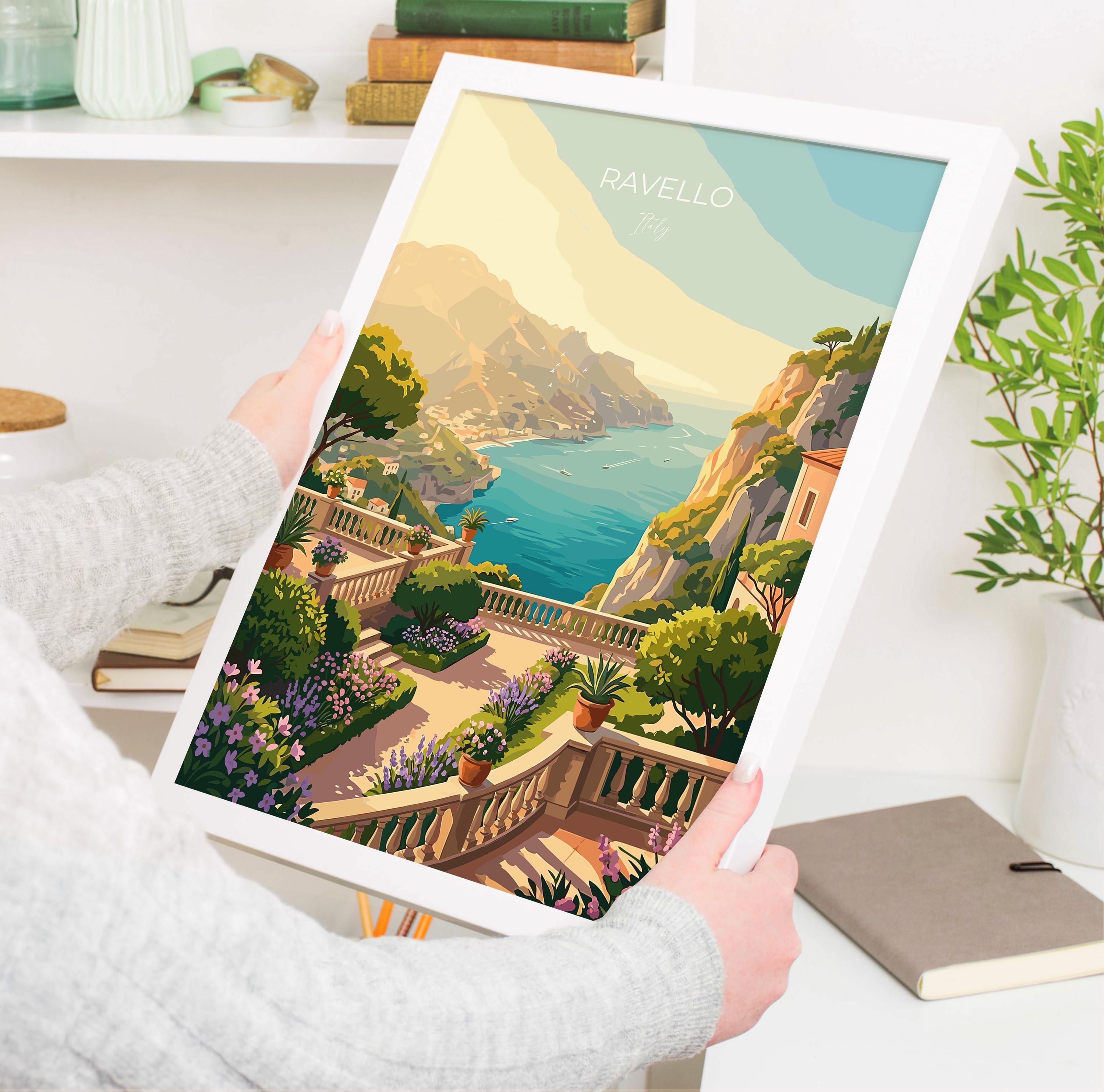 Ravello Italy Travel Print, Amalfi Coast Wall Art, Mediterranean Cliffside Village Poster, Scenic Coastal Illustration, Vintage Europe Decor