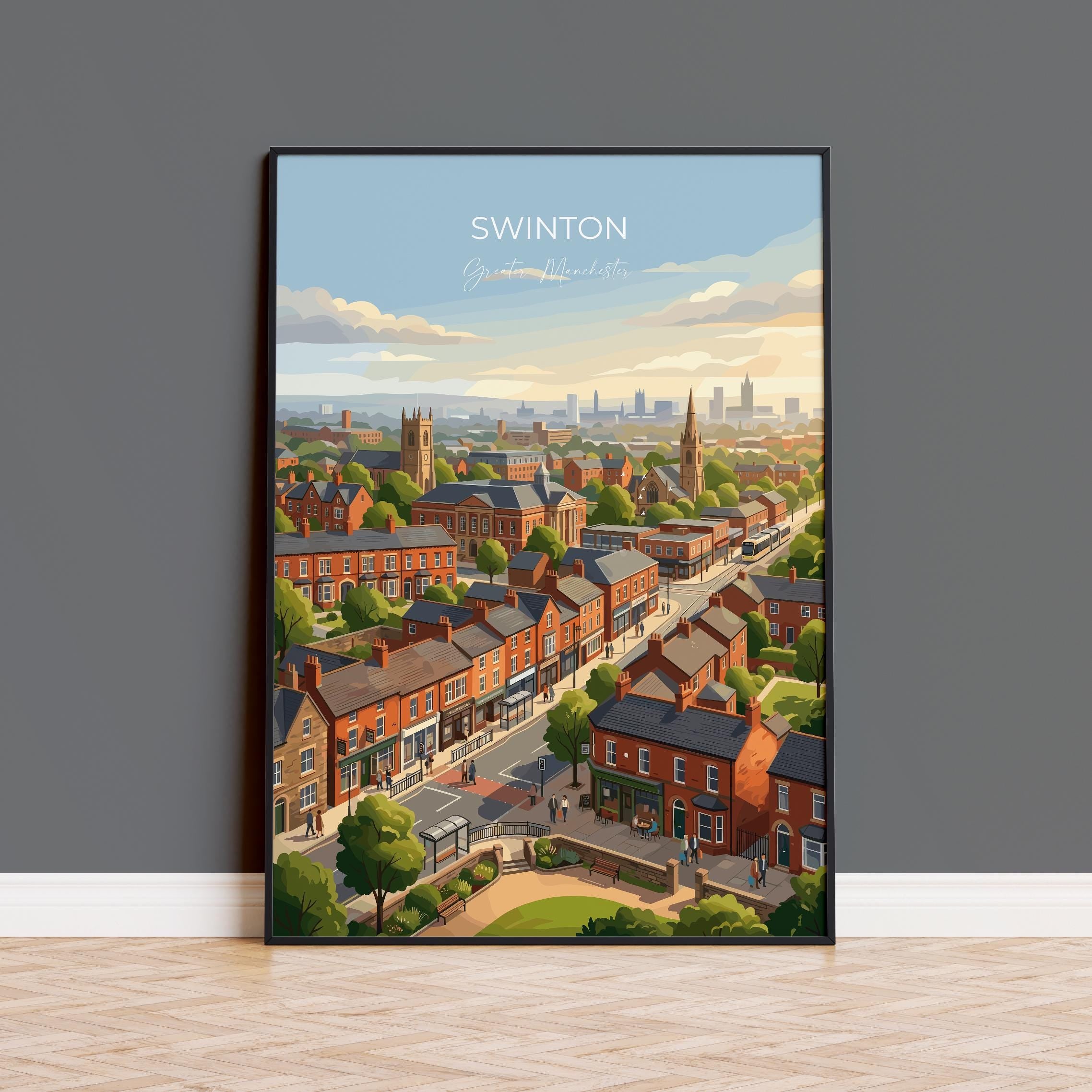 Swinton Travel Print, Manchester Wall Art, Greater Manchester Poster, Modern Skyline Illustration, Vintage Style UK Decor