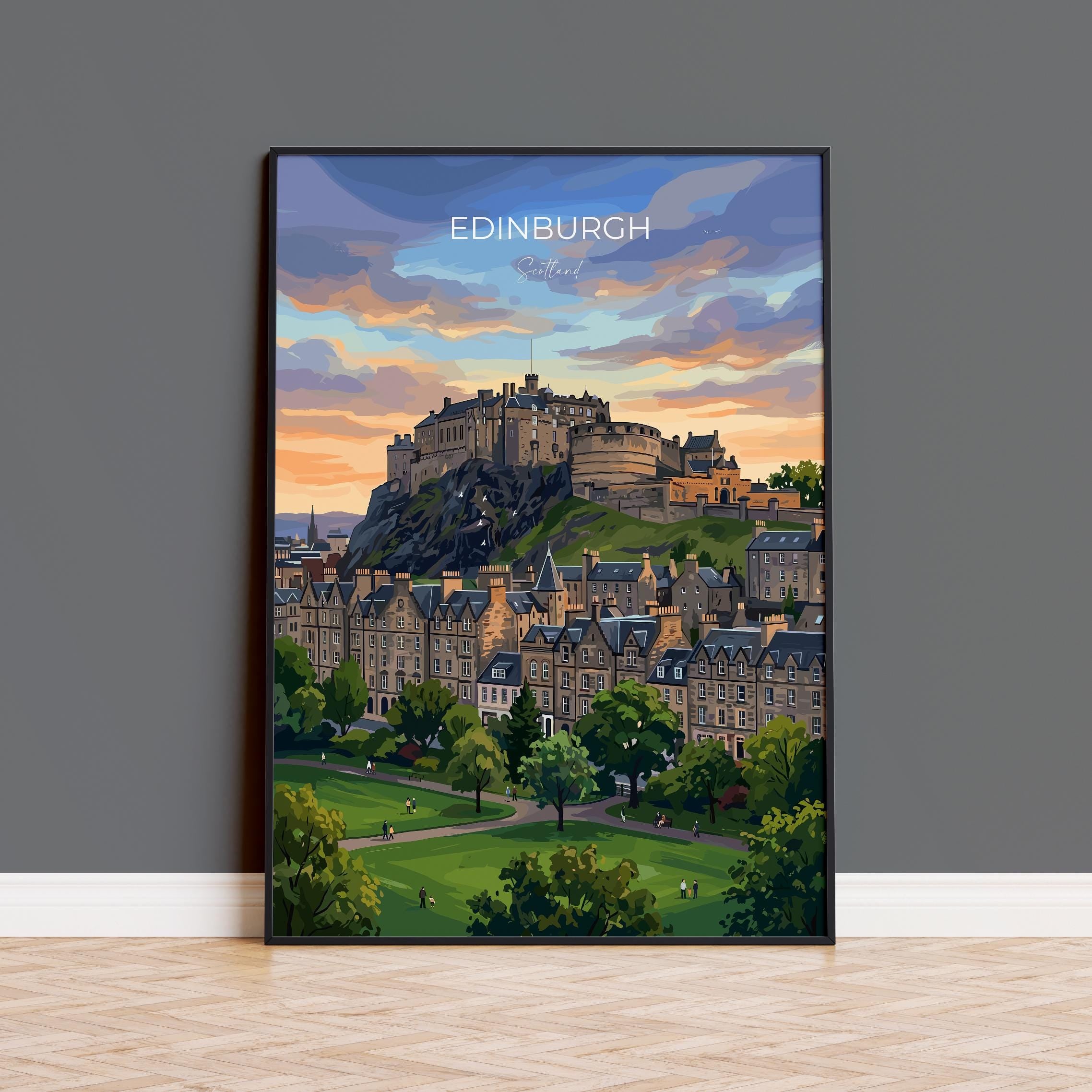 Edinburgh Castle Travel Print, Princes Street Gardens Wall Art, Edinburgh City Poster, Scotland Skyline Illustration, Vintage Style UK Decor