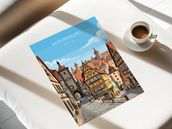 Rothenburg ob der Tauber Travel Poster, Medieval German Town Print, Bavaria Wall Art, Romantic Road Illustration, Germany Travel Decor